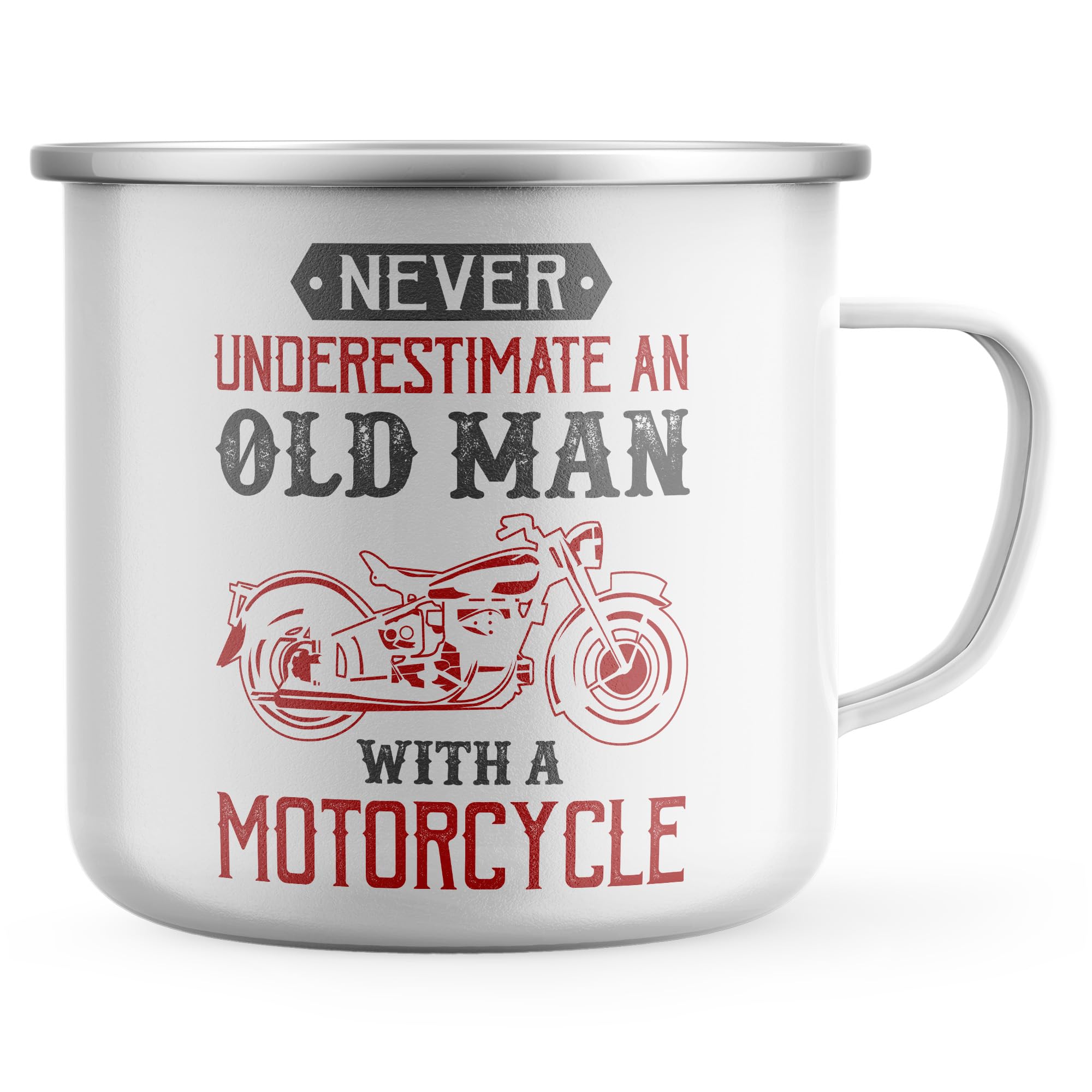 Purple Print House Mens Funny Motorcyclist Enamel Mug Never Underestimate an Old Man with a Motorcycle Tea Coffee Metal Cup