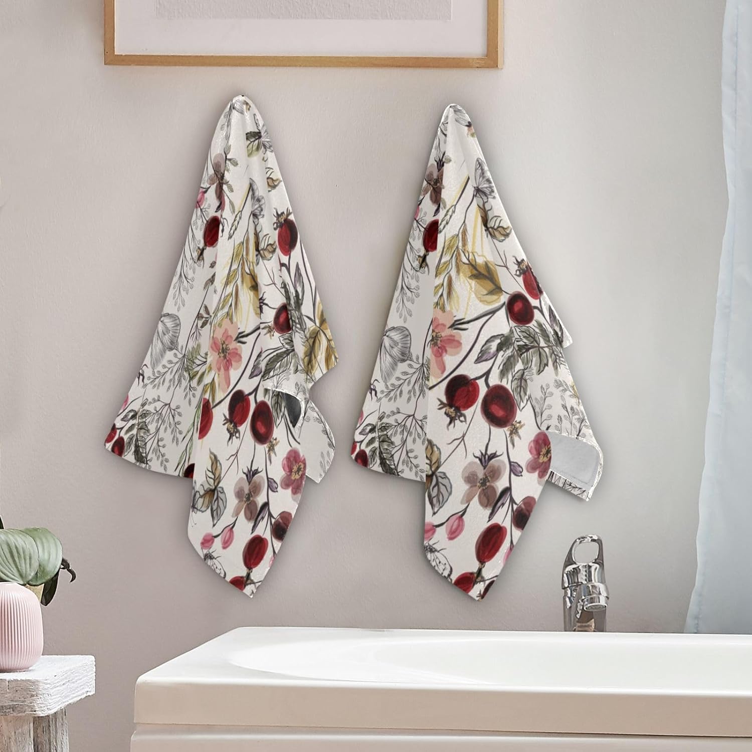 2 Pack Vintage Floral Leaves Hand Towels for Bathroom,Soft Absorbent Spring Burgundy Red Wildflower Butterfly Decorative Guest Face Bathroom Towels,Quick Dry Farmhouse Kitchen Towels 14"x28" - Image 3