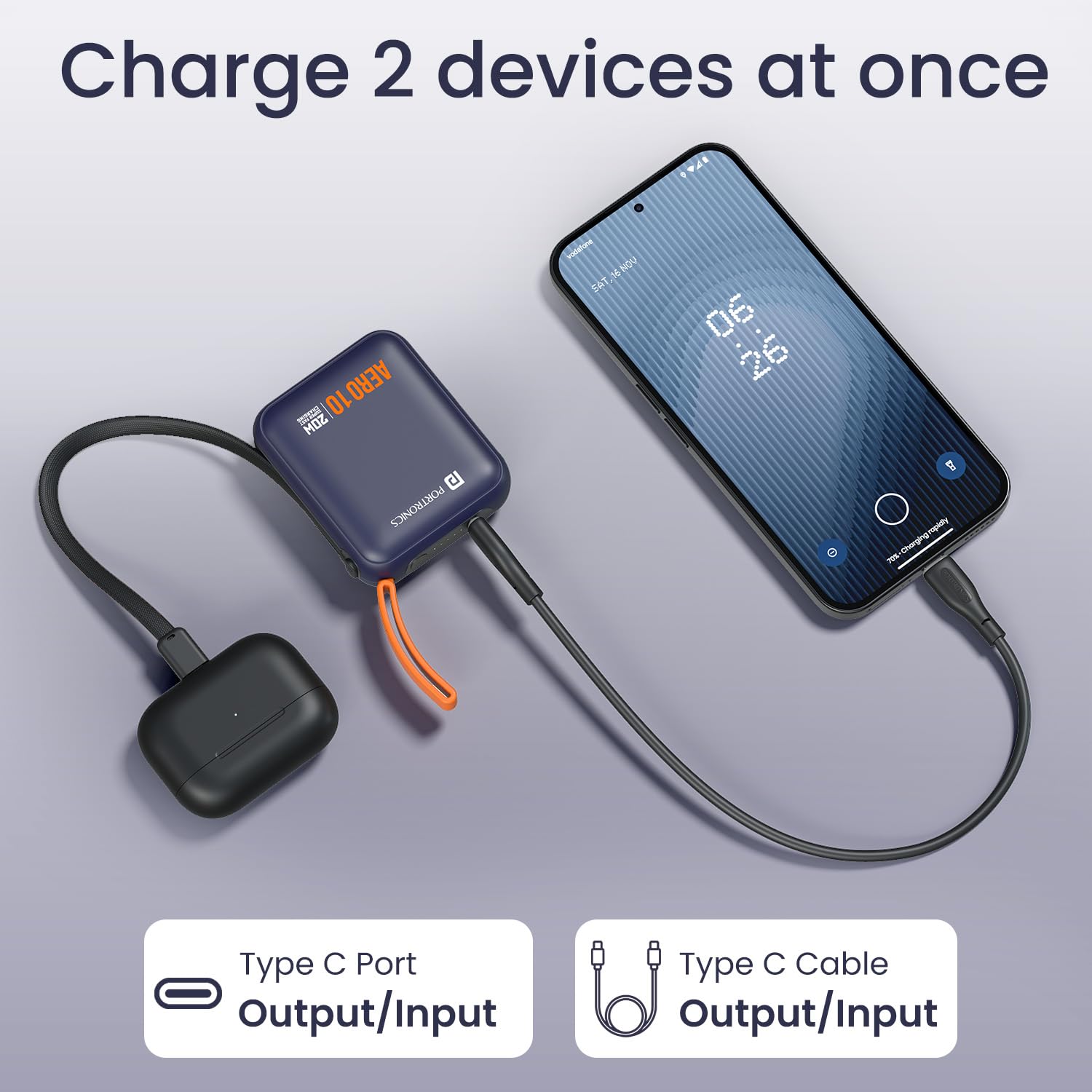 Portronics Aero 10 10000 mAh 20W Fast Charging Mini Power Bank with Detachable Type C Cable, Type C PD Input/Output Port, LED Indicator, Wake Up Button, Strong Lanyard, Light Weight (Blue) — Amazon image 4