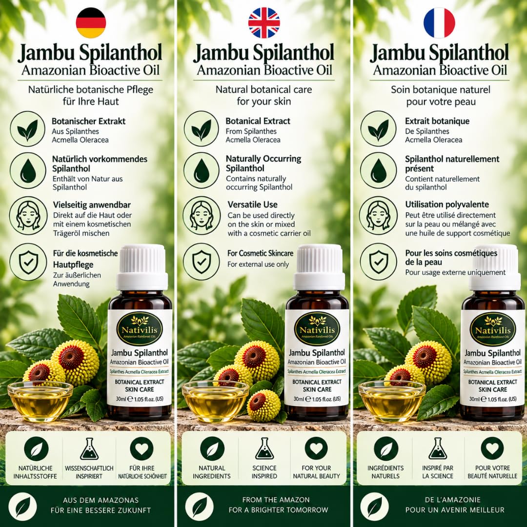 Nativilis Jambu Spilanthol Amazonian Bioactive Oil – Spilanthes Acmella Oleracea Extrakt – Botanischer Extrakt – 30 ml