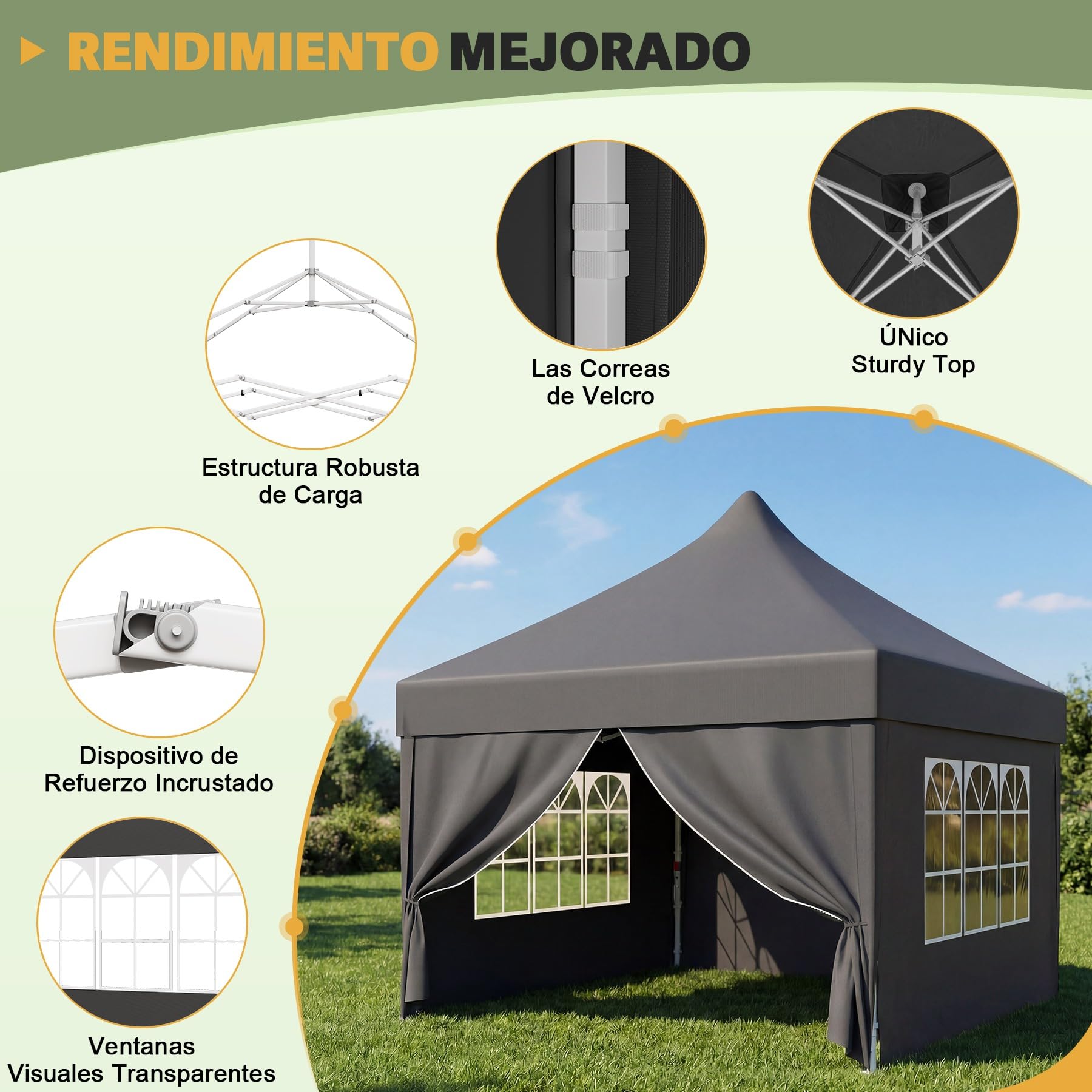 DEVOKO Carpa Plegable 3x3 Playa, Carpa Exteriores Plegables, Tenda Campismo | Techo alto 3.15m, de pie. Forma cónica antiviento. Lona 210D UV50+. Estructura reforzada. Ventilación por chimenea