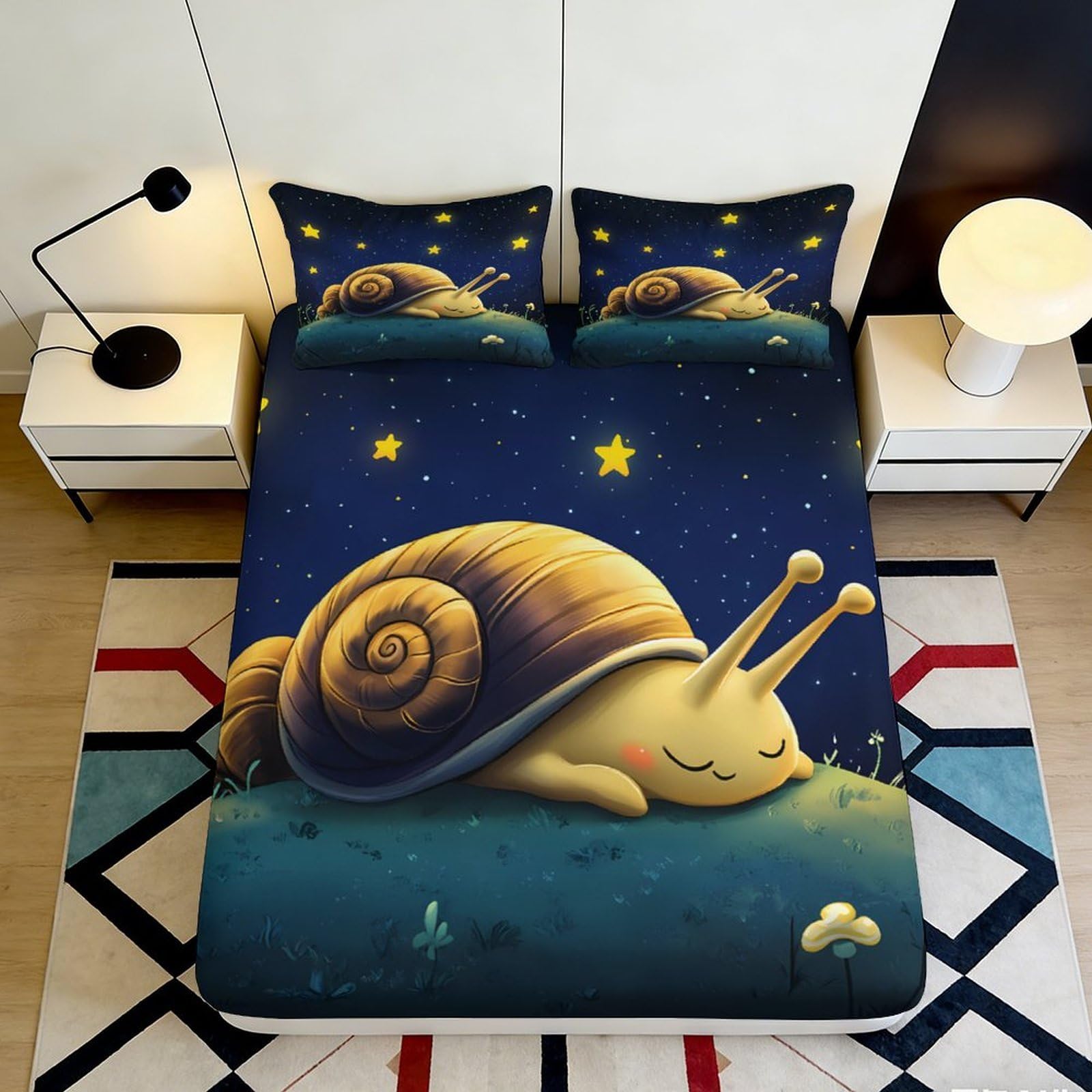 3D Printed Cartoon Snail Fitted Sheet Microfiber Bedroom Full Wrap Deep Pocket Cartoon Snail Mattress Fitted Cover Non-Slip Washable 200x200x25cm 90x200x25cm