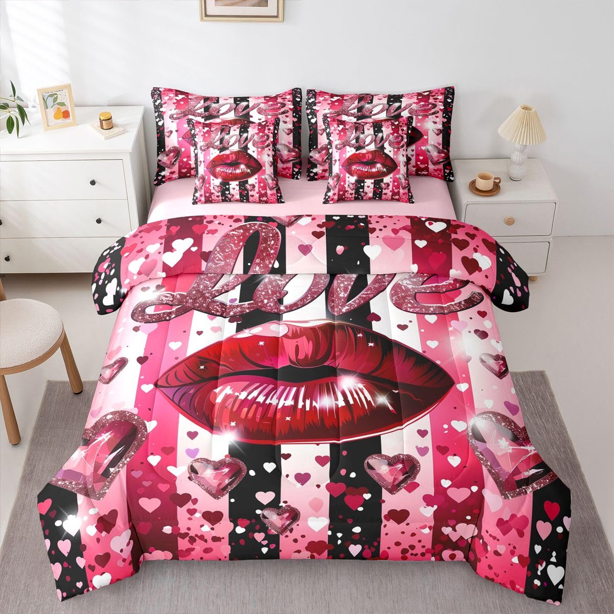 Castle Fairy Red Lip 7 Pieces Comforter Sets Full,Happy Valentine's Day Bedding Set for Kids Girls Bedroom Decor,3D Hearts Glitter Print Bed in a Bag with Comforter,Sheets and Pillow Cases