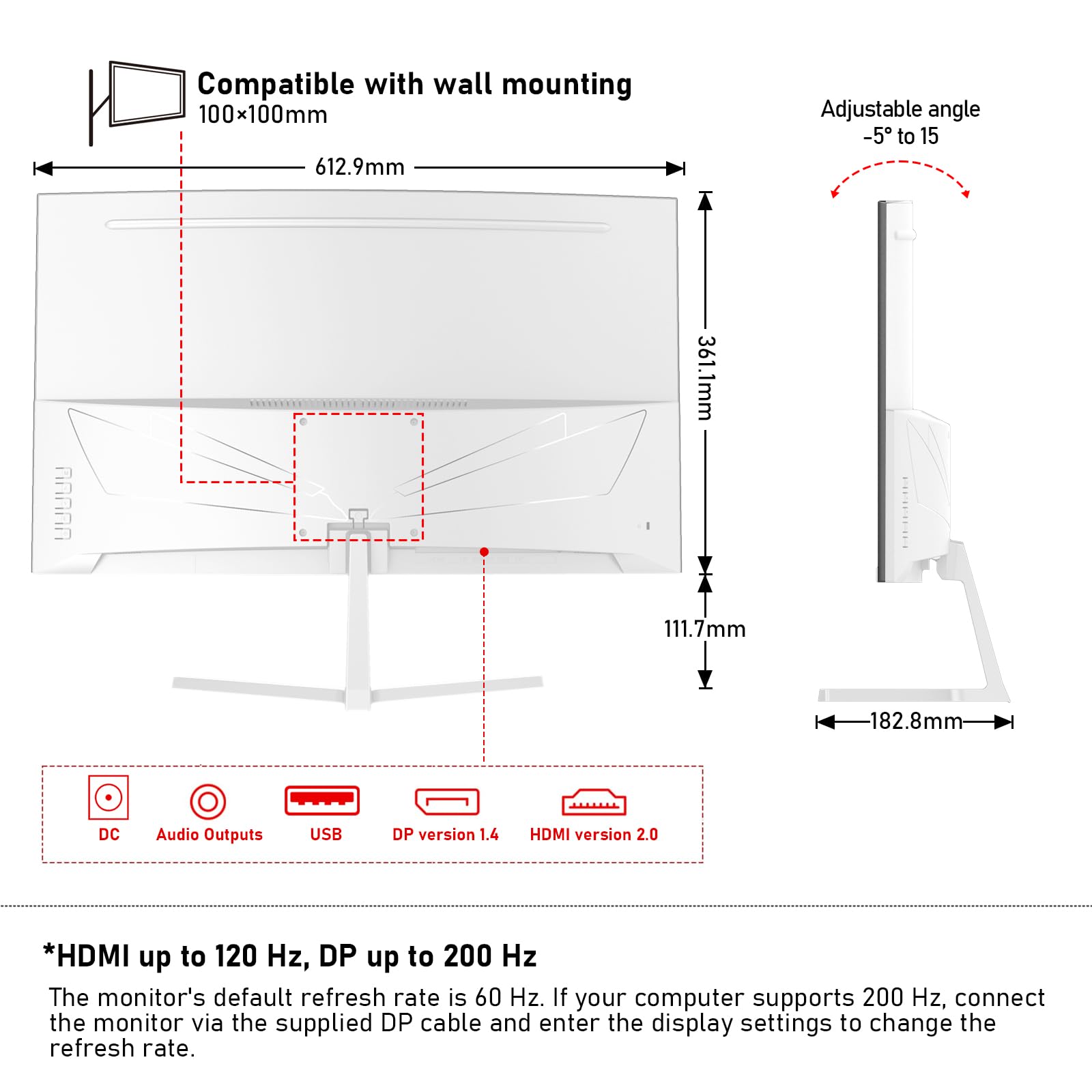 Gawfolk 27 Inch PC computer screen,1800R Curved Gaming 200Hz Monitors, FHD1080p,1ms,Built-in speaker, freesync, 98%sRGB,178 ° Angle View,HDMI DisplayPort, Compatible with Wall-Mounted 100*100MM-White — view 7