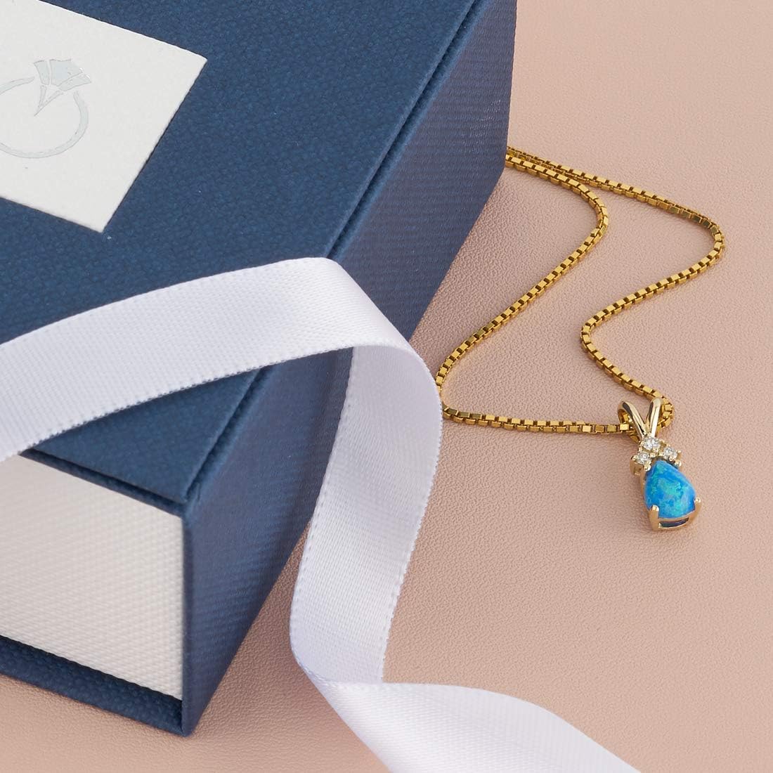 PEORA 14K Yellow Gold Created Blue Opal with Genuine Diamonds Pendant, Dainty Teardrop Solitaire, Pear Shape, 7x5mm, October Birthstone Necklace, Fire Opal Necklace, w/Jewelry Box