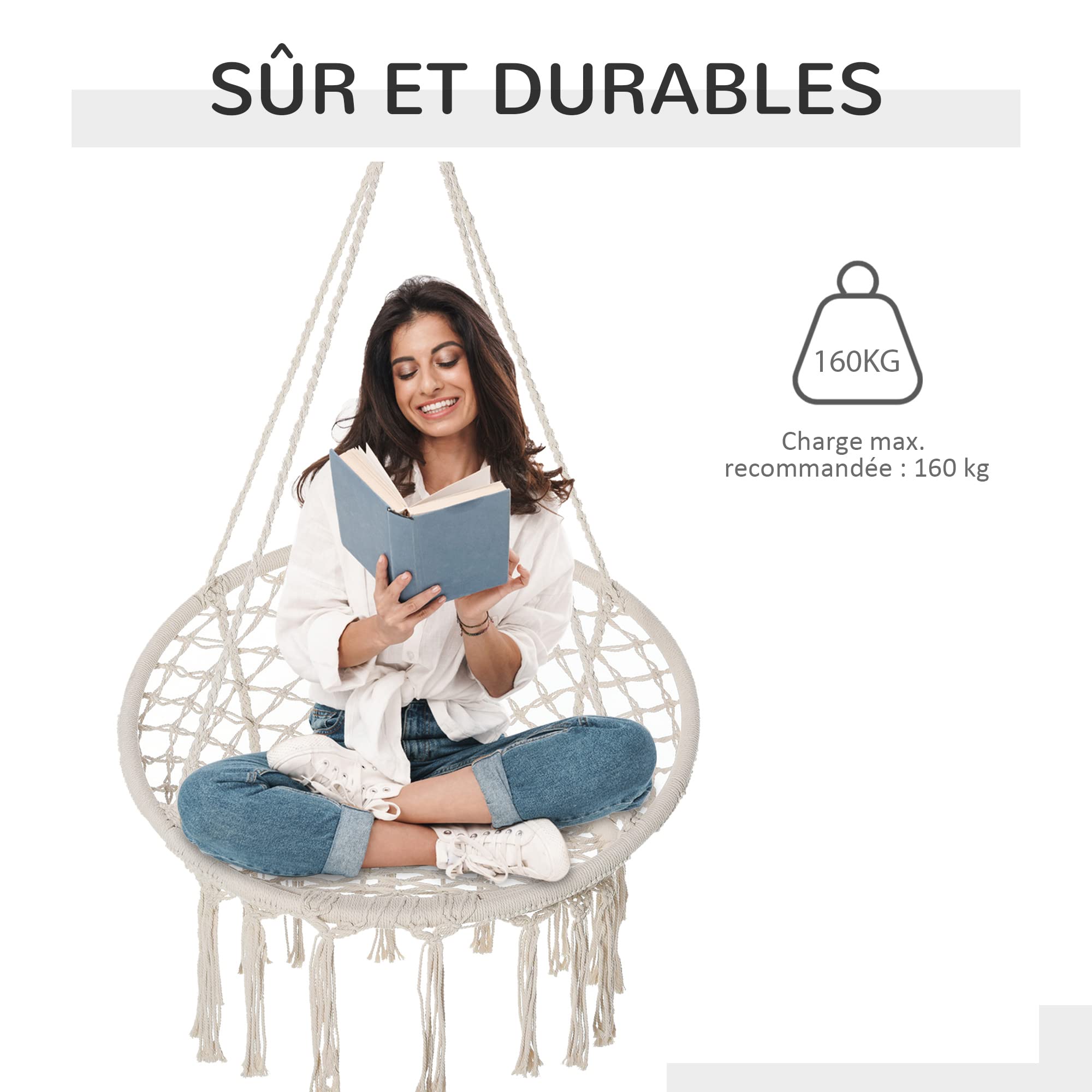 Outsunny Chaise Suspendue Fauteuil Suspendu intérieur extérieur Chaise hamac de Voyage Portable Ø 80 x 42H m macramé Coton Polyester Beige