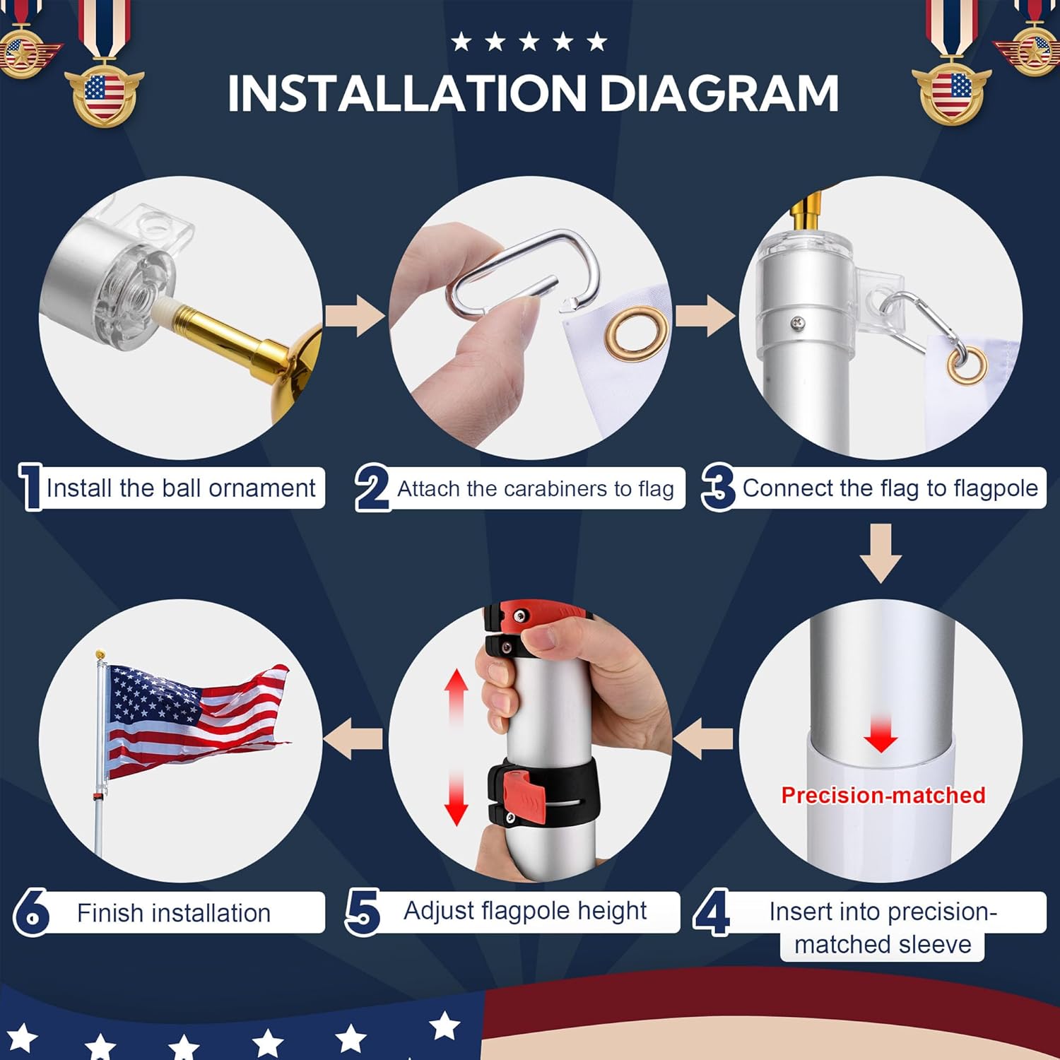 Yescom EZ GO 20ft Telescopic Flag Pole Kit Upgrade Rotating Lock Aluminum Flagpole Set for Outside House Inground Outdoor Camper RV Tailgate Residential Commercial with 3x5' US Flag Ball Top, Silver - Image 8