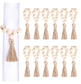 Set of 12 Wood Bead Napkin Rings with Jute Rope Tassels for Christmas Farmhouse Wedding Home Dining Table Party Decoration