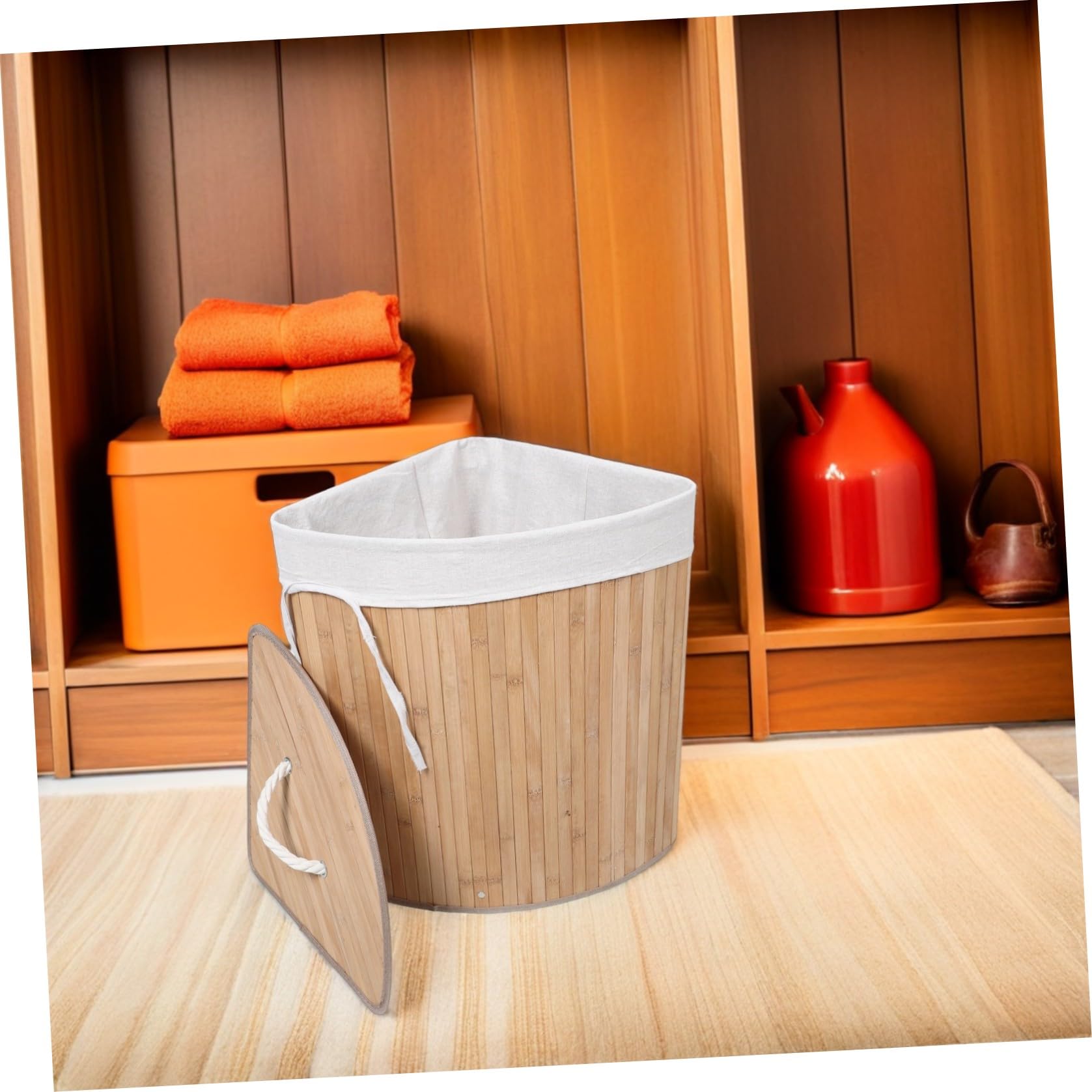 Beaupretty Cesto Porta Biancheria Triangolare con Coperchio per Angolo Materiale Naturale Dimensioni per Organizzare gli Spazi in Casa