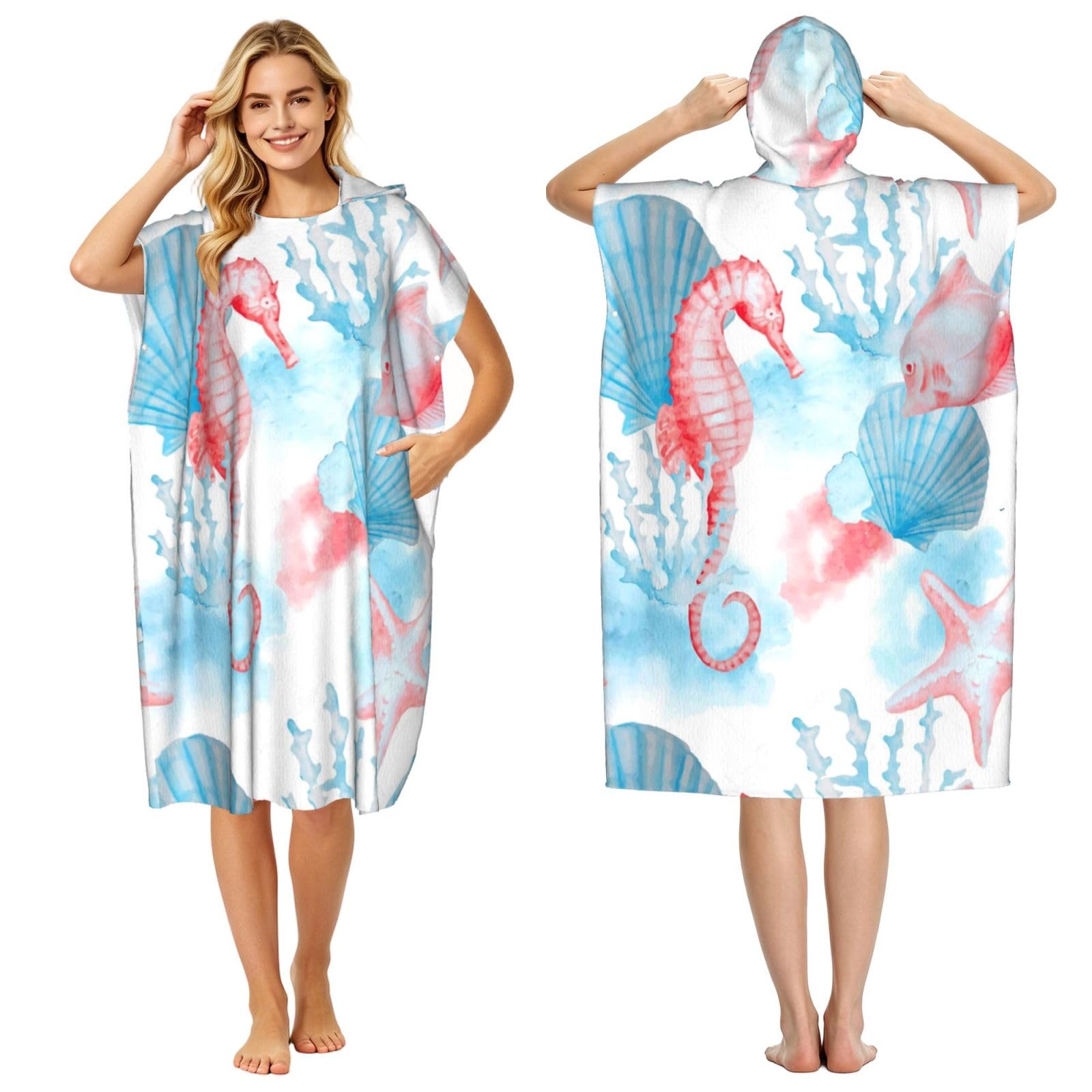 Poadnly Watercolor Shells Sea Horse Fish, Adult Hooded Beach Towel 90 x 110 cm,Changing Bath Robe, Surf Poncho Towel For Women Men