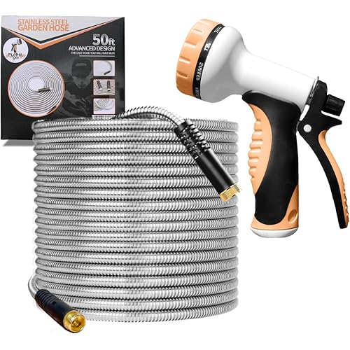 Floral Drip Garden Hose 100 FT, Metal Stainless Steel Water Hose with 10 Function Nozzles, No Kinks, Flexible Hose, Lightweight, Puncture Proof, Heavy Duty Hose for Yard and Outdoor