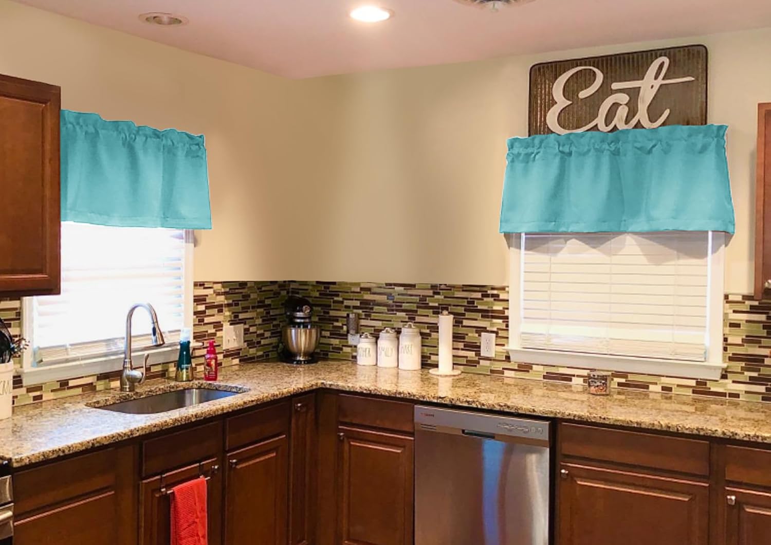 4 Panels Blackout Curtain Valances for Kitchen Living Room Bathroom Bedroom, 42" x 18" Aqua Valances for Windows Rod Pocket Short Curtains for Small Window, Thermal Insulated Valance
