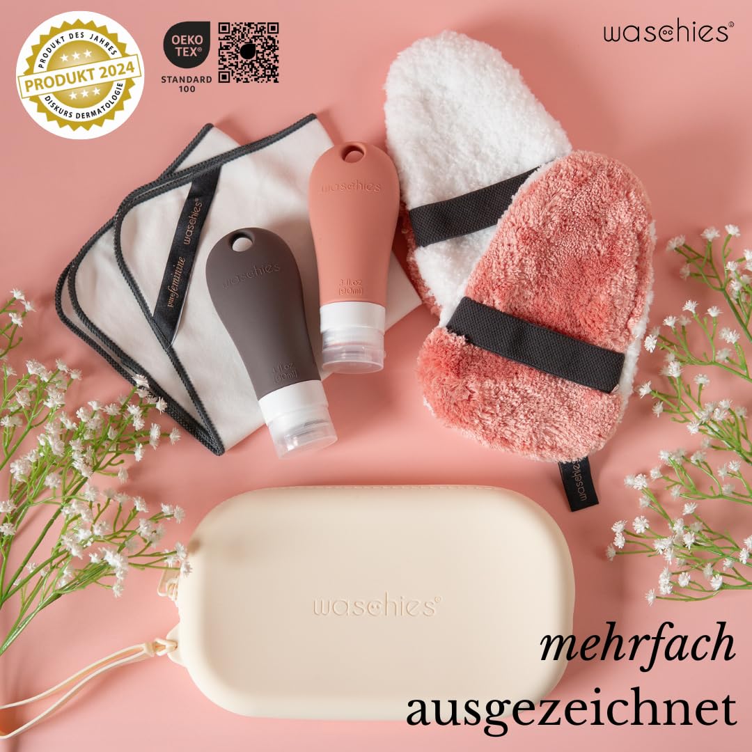 Waschies PureFeminine - Juego de 6 bolsas de aseo de tamaño mediano en crema con almohadillas de lavado íntimo, paño y botellas de viaje, pH neutro e hipoalergénico, lavable, reutilizable y sostenible