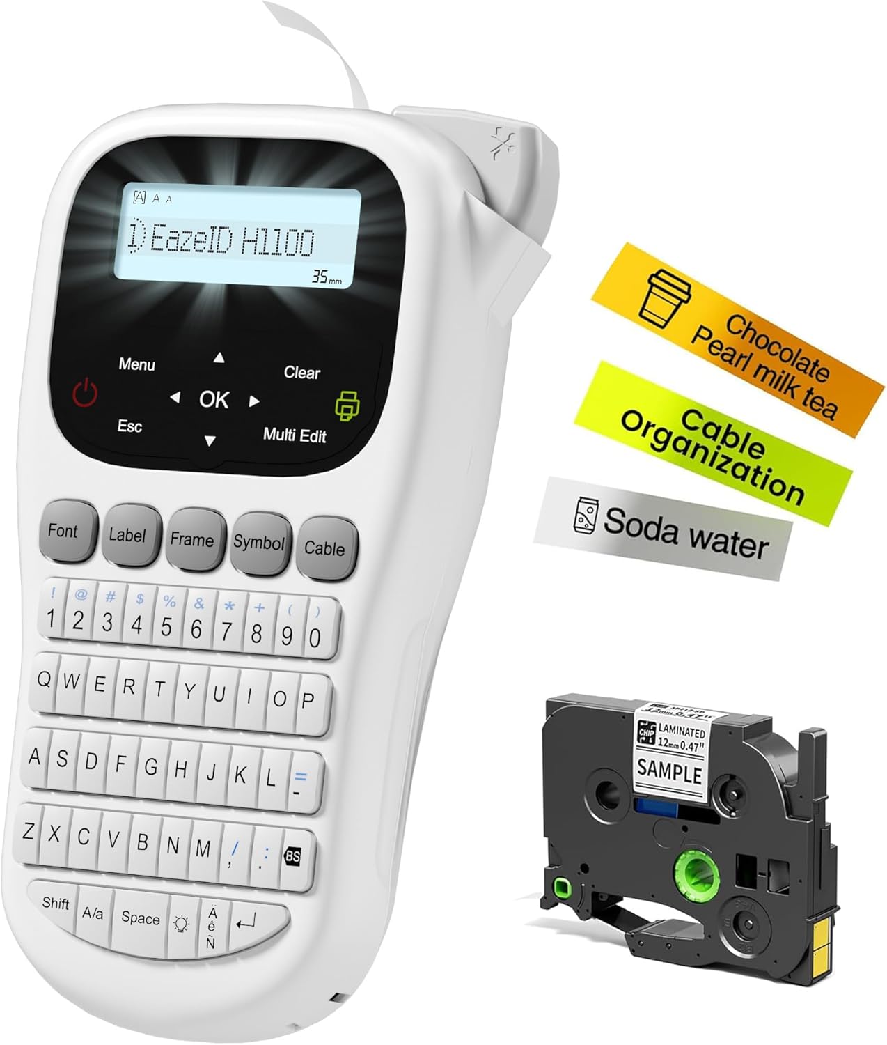 Label Maker Waterproof-Labels, Handheld Label Maker Machine with-Tape 12mm 0.47 Laminated White, Backlit Screen Multiple Fonts & Symbols, Portable Keyboard Labeler for Home Office School Use, H1100
