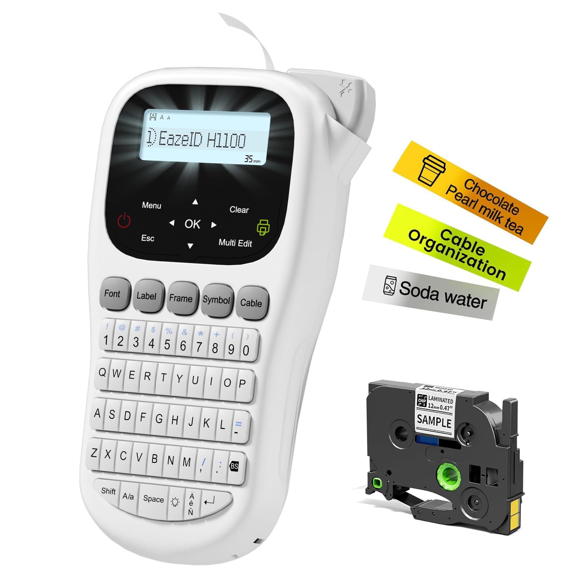 Label Maker Waterproof-Labels, Handheld Label Maker Machine with-Tape 12mm 0.47 Laminated White, Backlit Screen Multiple Fonts & Symbols, Portable