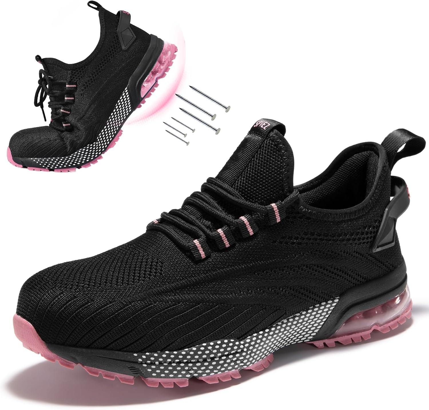 SPIEZ Composite Toe Safety Shoes for Women,Breathable Lightweight Non Slip Work Shoes,Air Cushion Safety Sneakers for Daily Casual Wear and Various Harsh Environments Black-Pink(4.5-10) - Image 8
