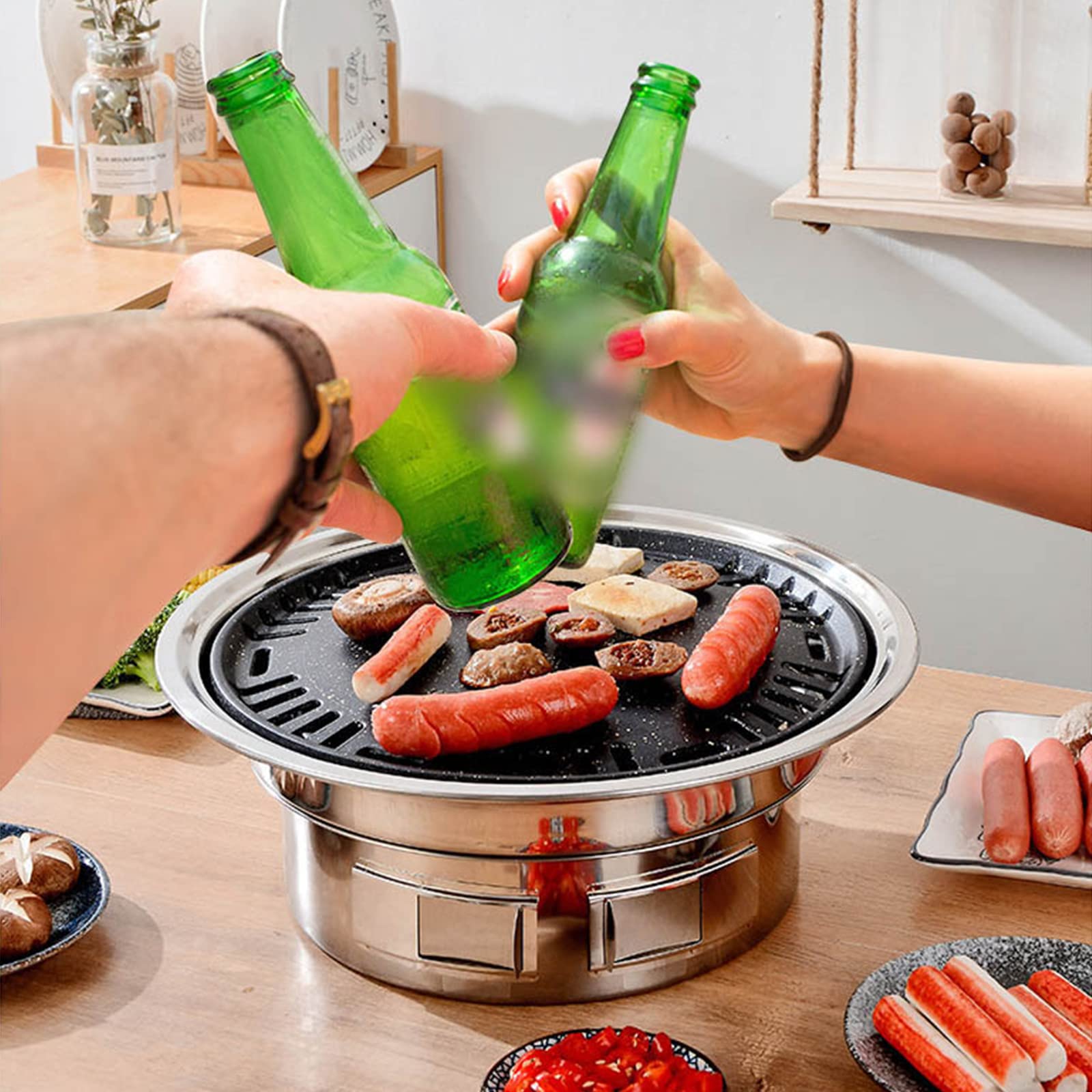Koreański grill 33 cm, wielofunkcyjny, na węgiel drzewny, okrągły grill kempingowy, kuchenka stołowa, wędzarnia, grillowana siatka i taca na dziedziniec, piknik, plażę