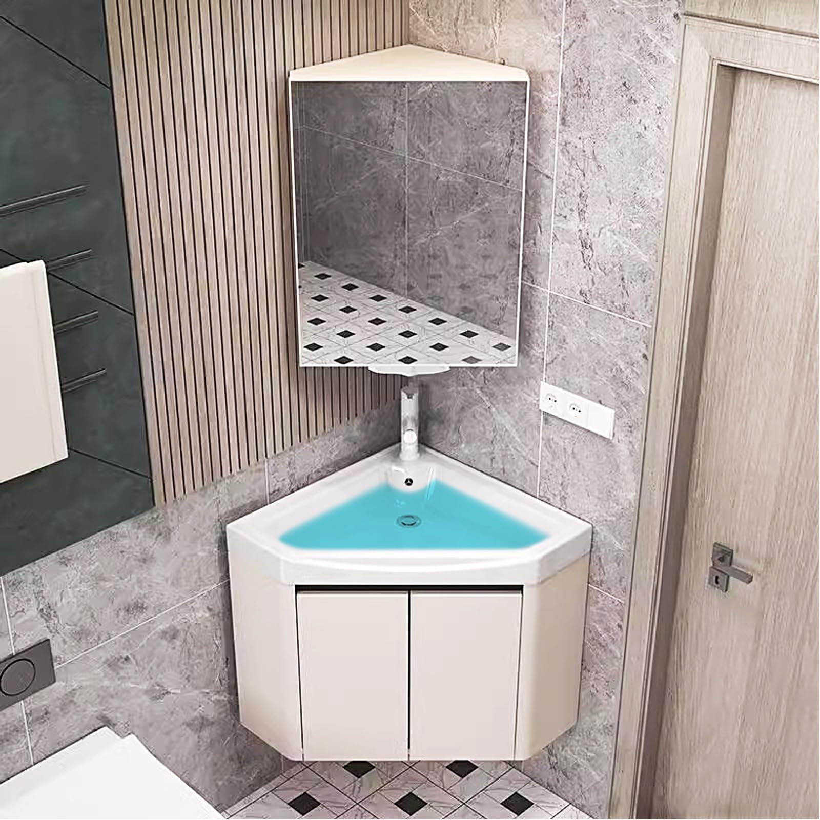 DFGHNBVC Corner Bathroom Vanity Cabinet With Sink Medicine Storage, Wall Mounted Space-Saving Design, Includes 3-Speed Adjustable Pull-Out Faucet For Compact Areas,56Cm/22In