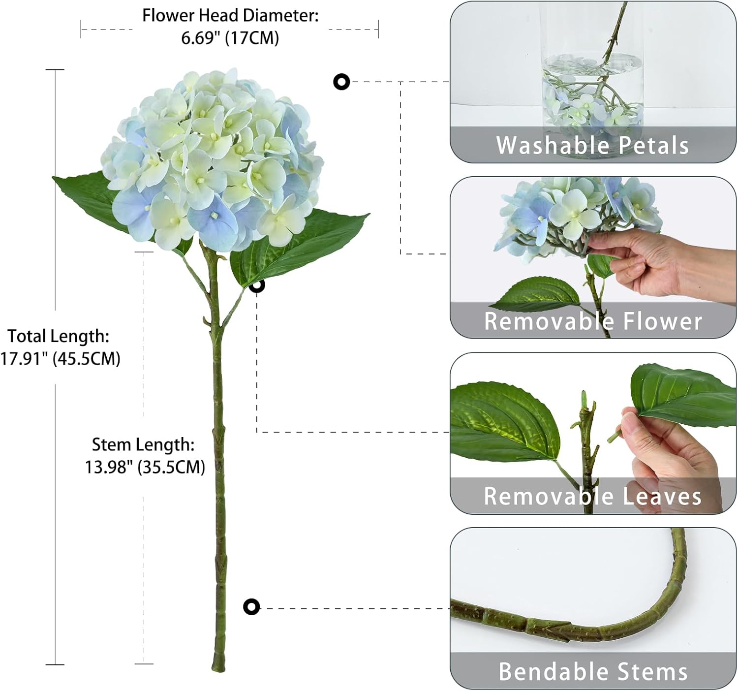 ZYTUYO 5PCS Light Blue Hydrangea Artificial Flowers Small Fake Latex Real Touch Hydrangeas Flowers with Stems Faux Silk Bouquet for Home Decor Table Wedding Party Outdoor Centerpieces