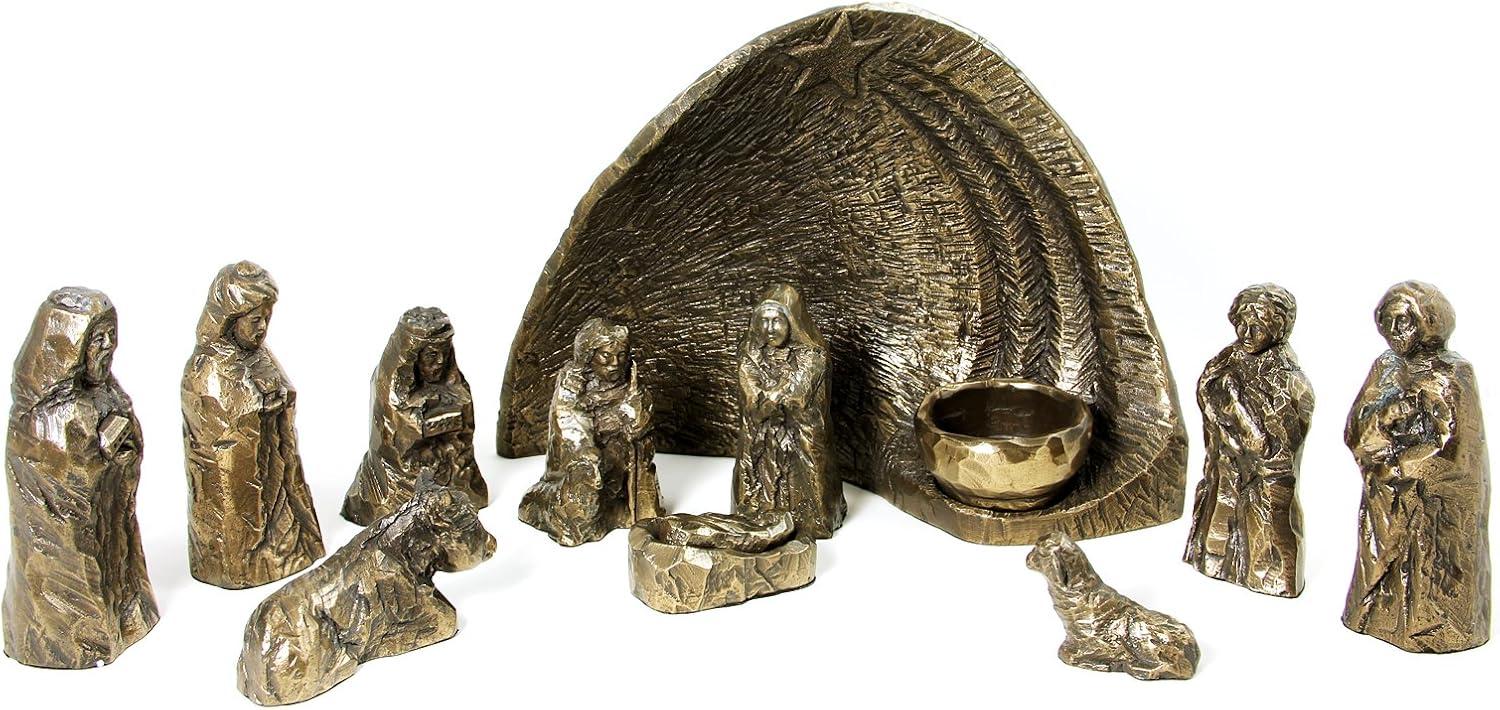 Wild Goose Studio Nativity Set Irish 12 Piece Resin Cast Bronze Coated Long Lasting 10 Inches by 6 3/4 Inches Background Made in Ireland