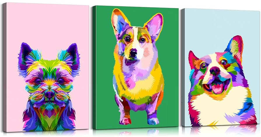 Amazon.co.jp: Mistyefly 3ピース カラフルな犬 キャンバス