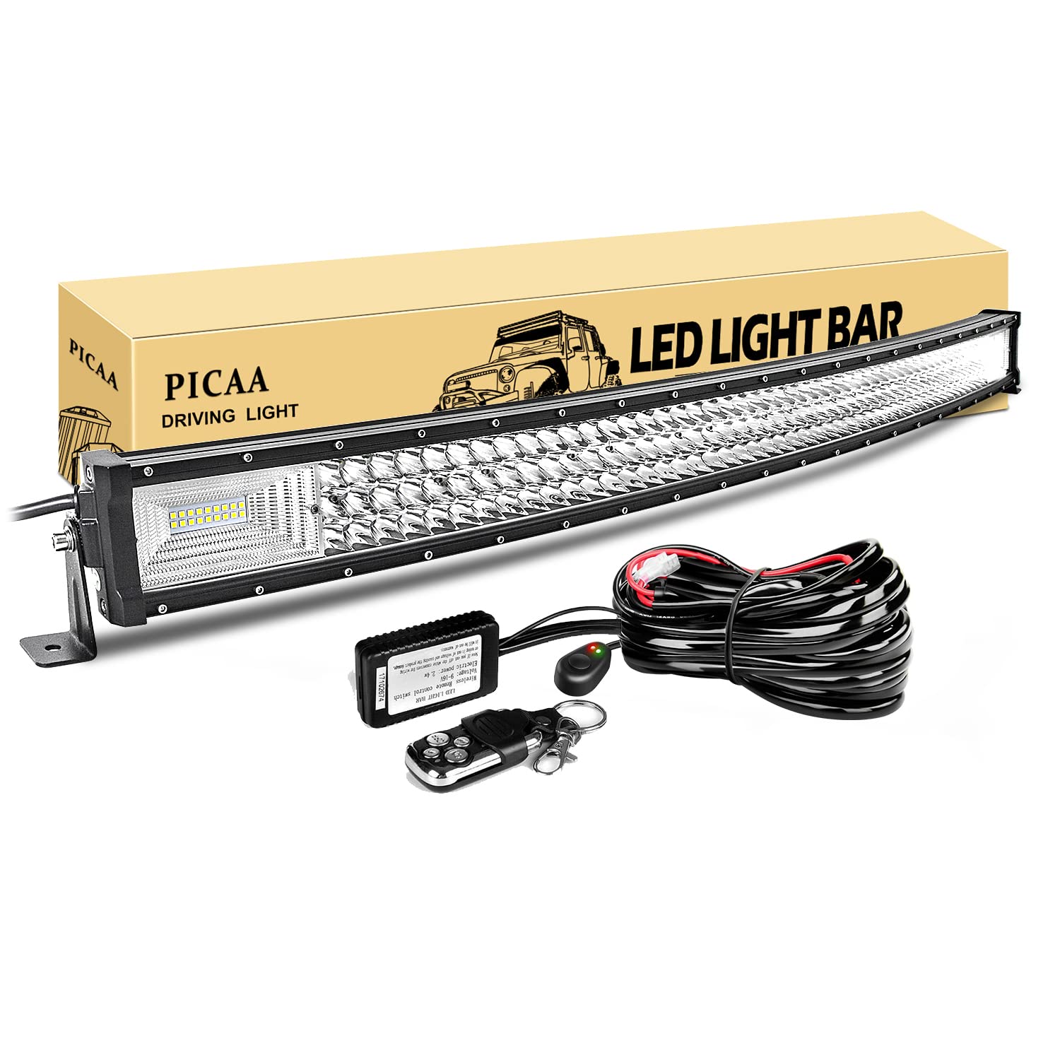 PICAA Led Barre Lumineuse, 7D Triple Rangée Incurvé 42pouces 104cm 540W Rampe a led barre de led avec 12V stroboscopique faisceau de câblage kit, hors route Voiture Véhicules 4x4 SUV ATV Camion