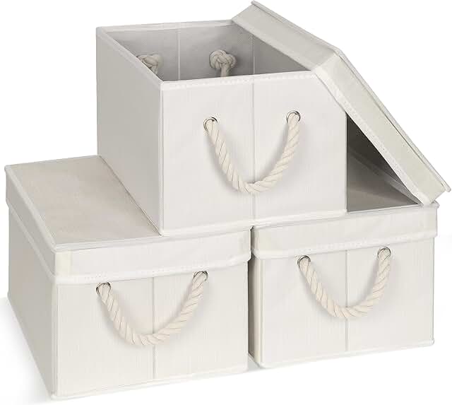 Set of 3 Fabric Bins for Organization - Foldable & Stackable With Lid & ...