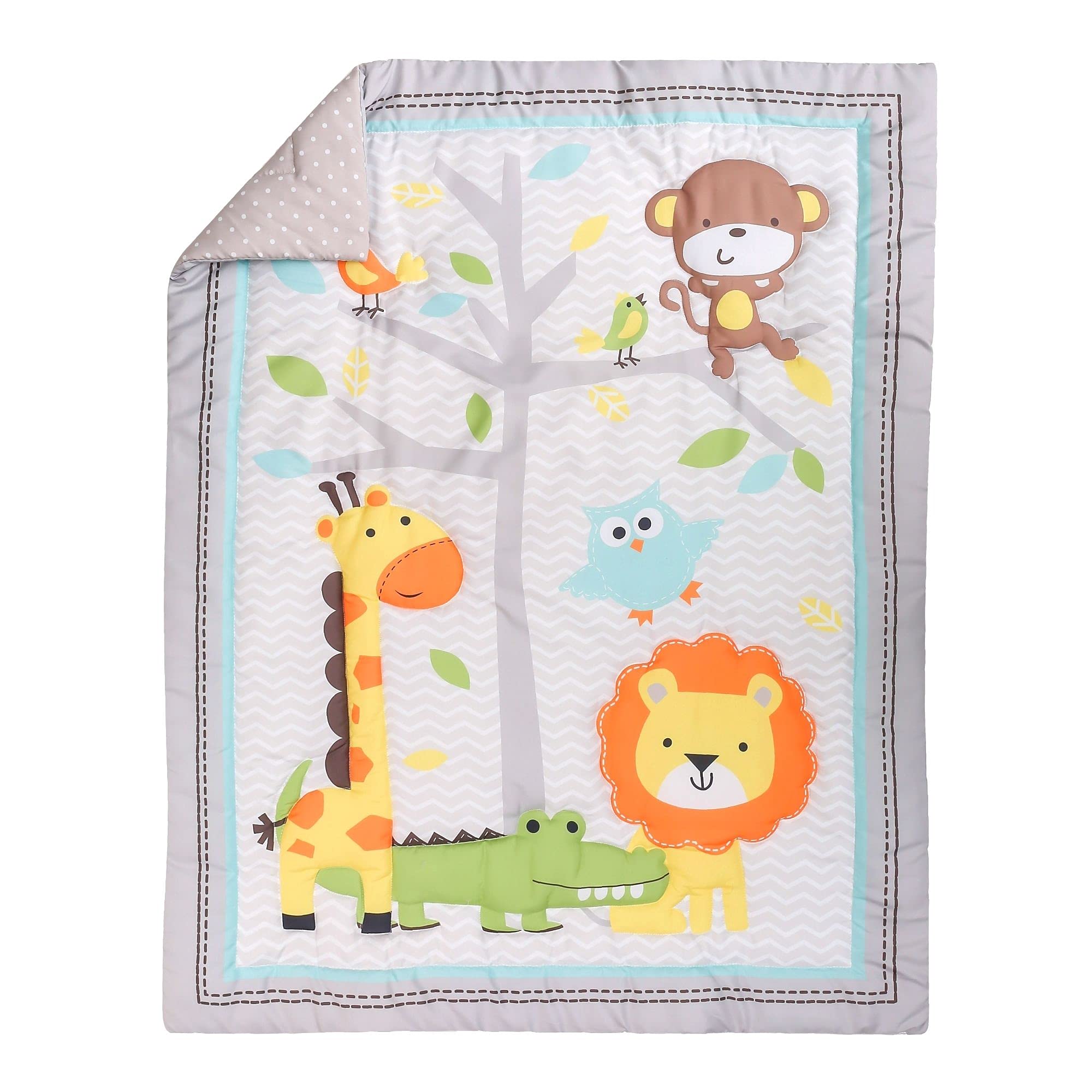 Baby Bees Juego de ropa de cama de cuna de safari de animales de 4 piezas para niños y niñas | Juego de ropa de cama de bebé, sábana de cuna, edredón, volantes antipolvo para cuna de tamaño estándar