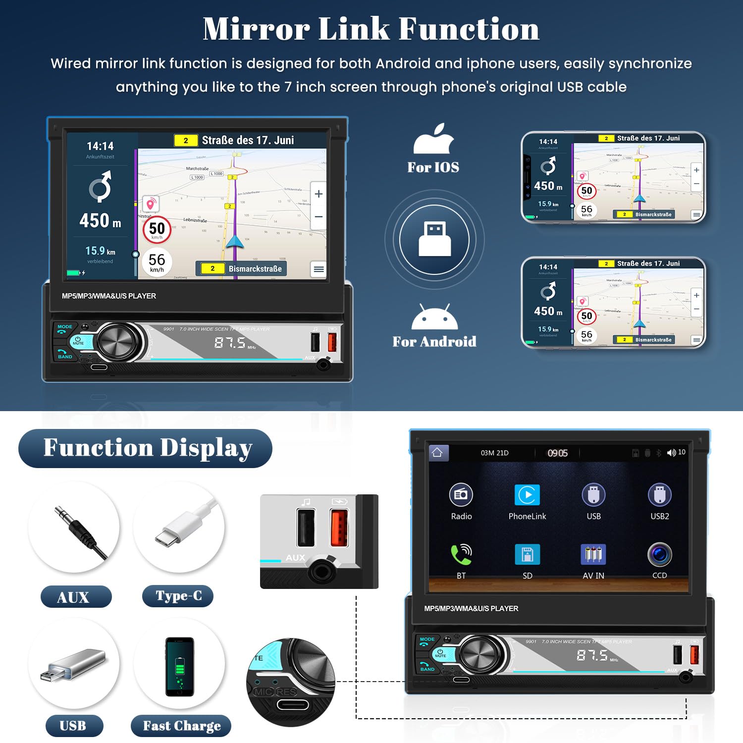 Hikity 7" 1 DIN CarPlay Autoradio avec Bluetooth FM Caméra de Recul | Écran Tactile Android Auto Wireless CarPlay Mirror Link EQ Commandes au Volant Mains Libres USB AUX