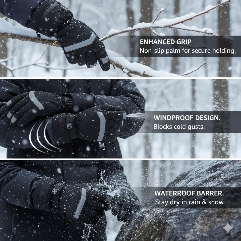 Beheizbare Handschuhe Herren Damen - Winterhandschuhe mit Akku, 7.4V 3000mAh, 3-Stufen Heizung, Wasserdicht, Touchscreen Heizhandschuhe für Skifahren, Motorrad, Radfahren, Camping