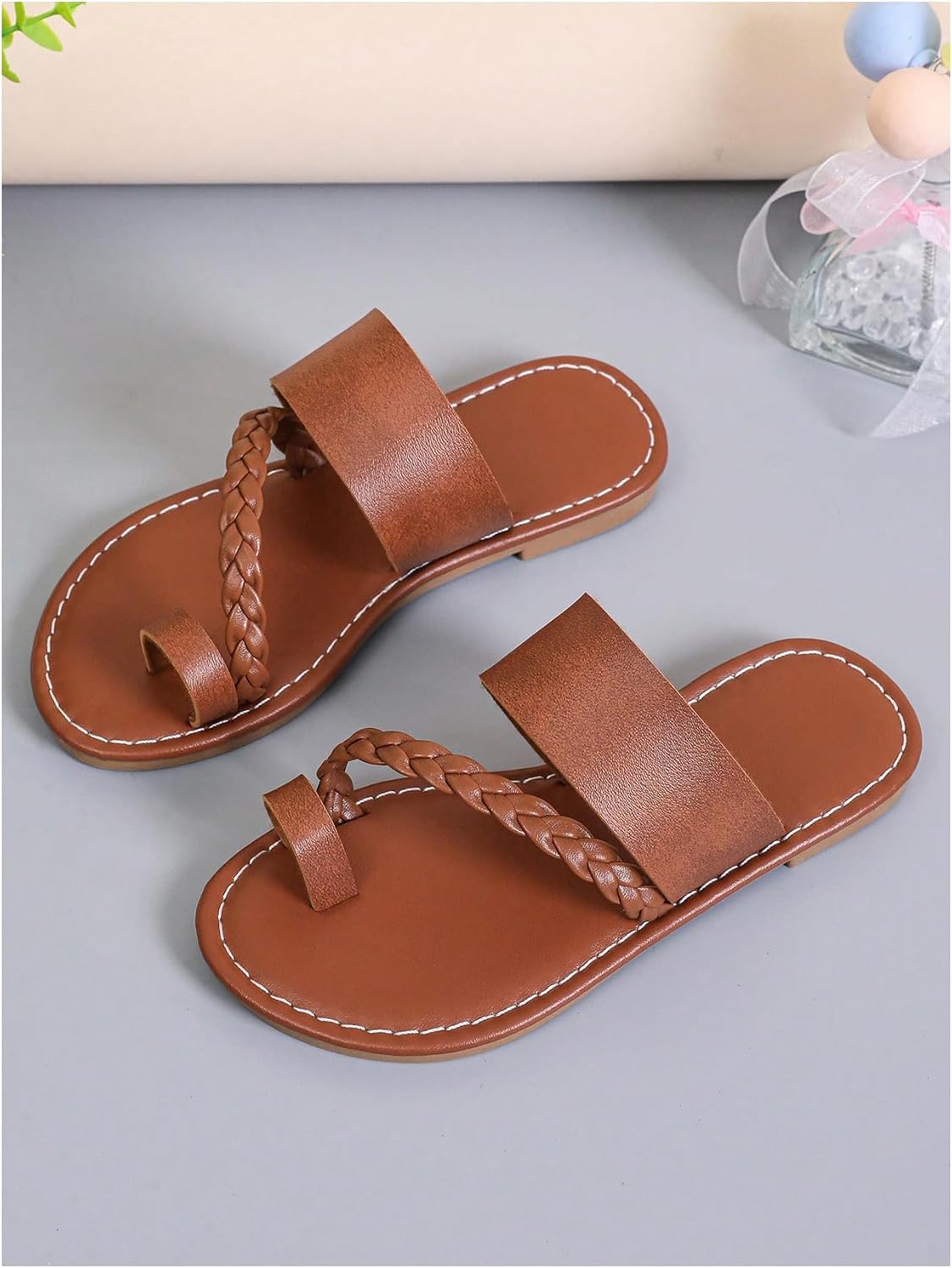 GORGLITTER Girl's Strappy Leather Flats Sandal Cute Braided Dressy Toe Ring Slip on Slide Sandals