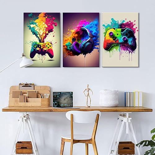 Miniatura 5 de Framed 3 Piece Game Room Decorative Wall Art Color Video Game Handle Earphone Graffiti Theme Poster Neon Light Poster Print Picture Children Youth