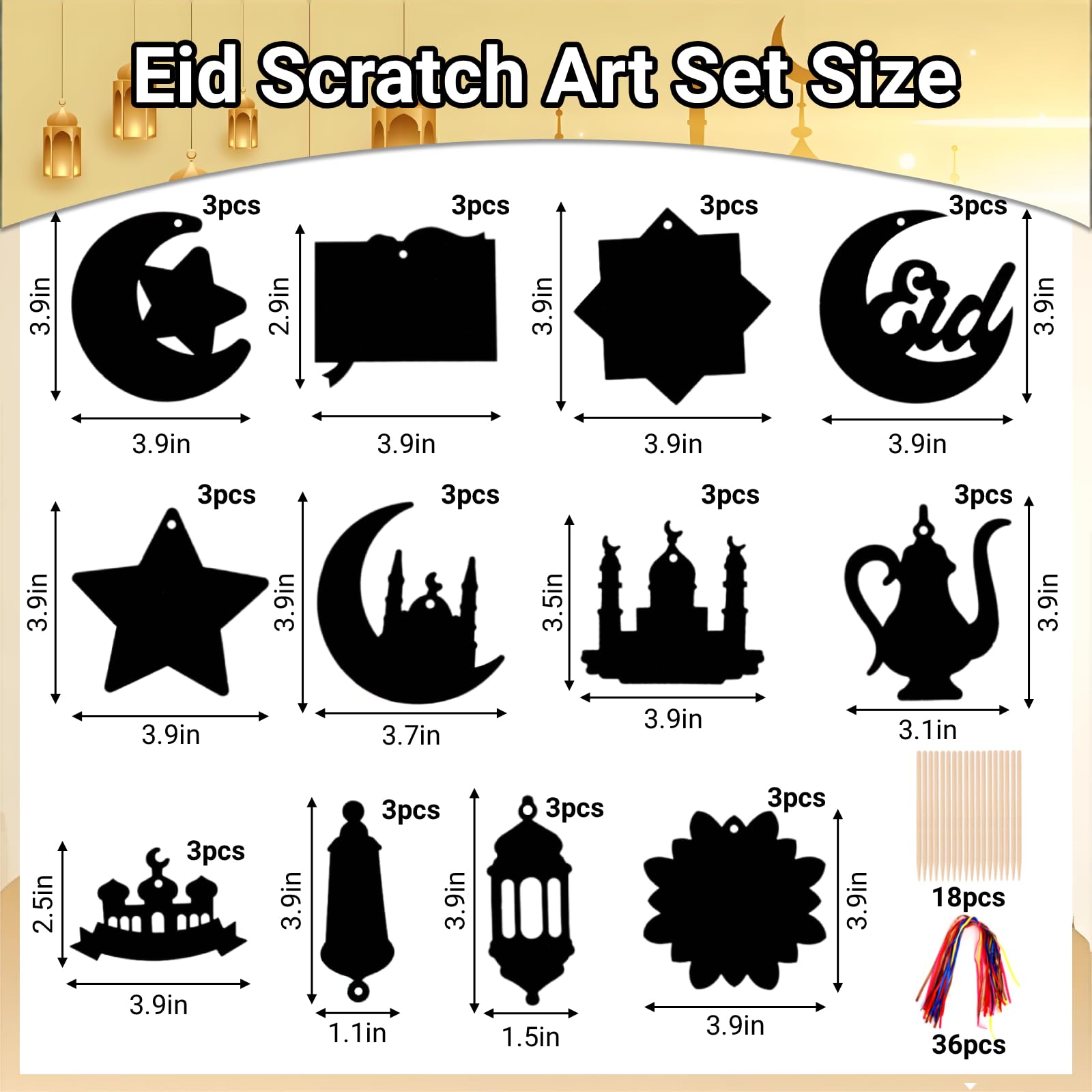 36 PCS Ramadan Eid Scratch Art for Kids Ramadan Lantern Moon Star Castle Shaped Rainbow Paper Eid Mubarak Decorations with Ribbon - Image 3