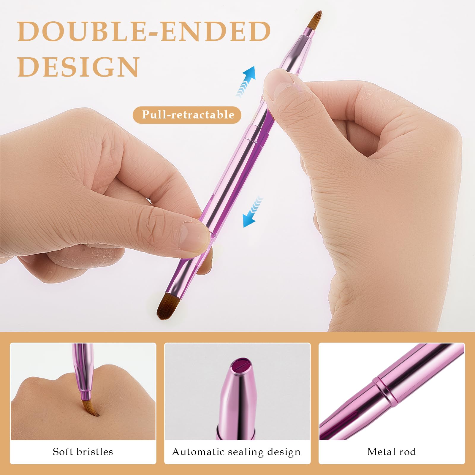 Pinceau de maquillage rétractable portable à double extrémité pour rouge à lèvres brillant pinceaux de maquillage anti-cernes pinceaux contour des lèvres outil de maquillage (rose)
