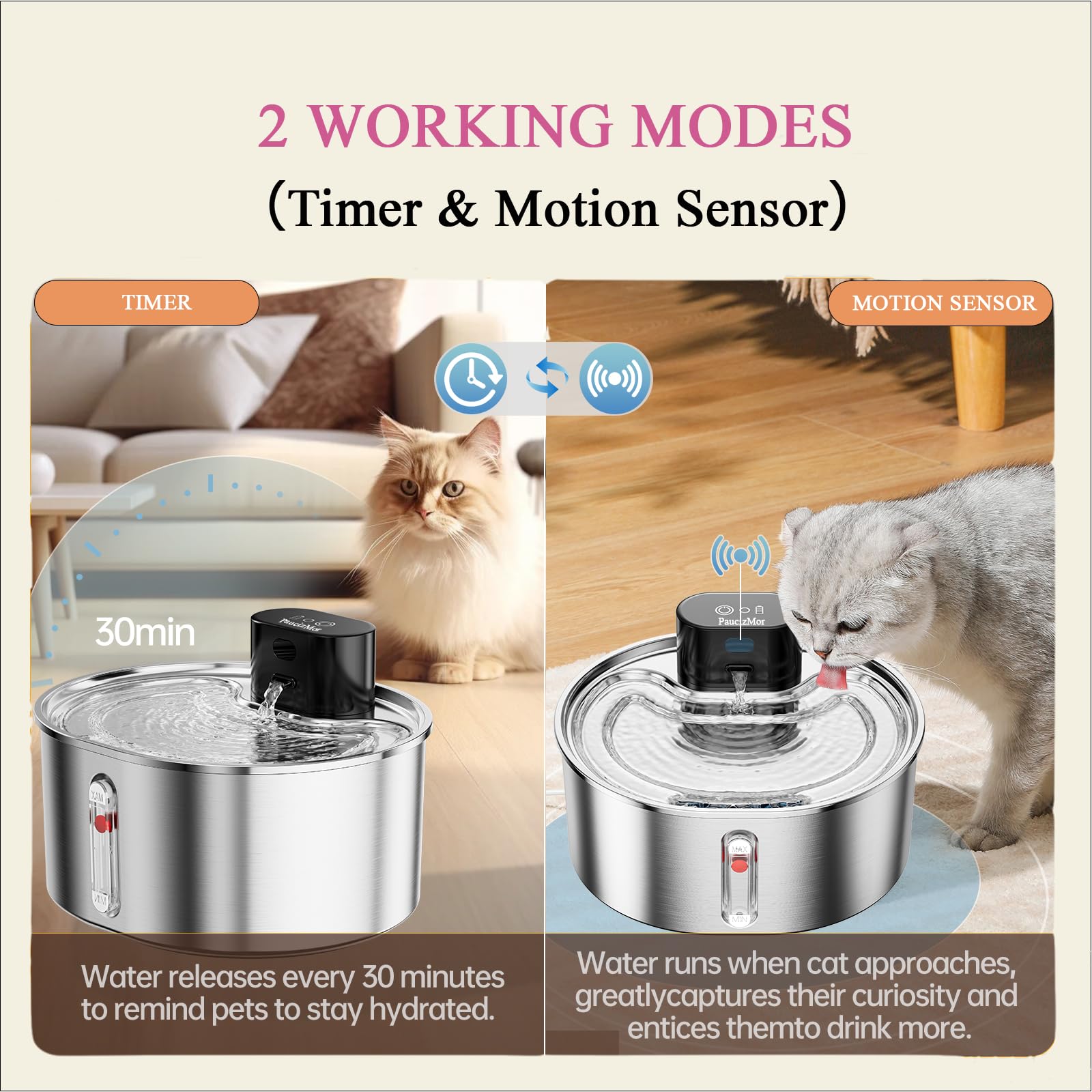 Fuente de agua para gatos sin bomba de acero inoxidable que funciona con pilas, fuente de agua inalámbrica para mascotas, dispensador automático inalámbrico con 2 filtros de repuesto para