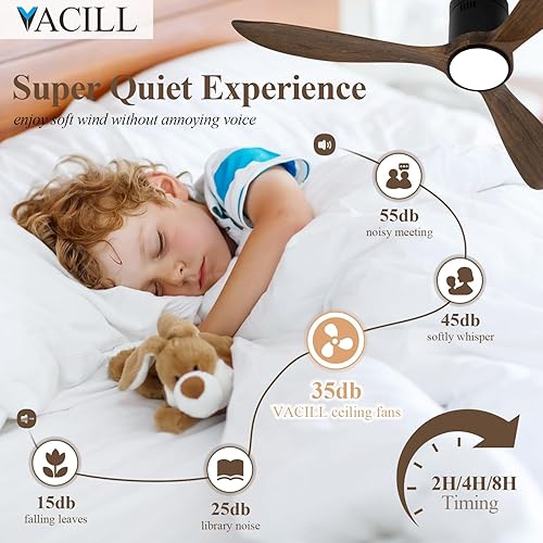 Miniatura 5 de Ventilador de techo de montaje empotrado con luz, ventilador de techo de perfil bajo, aspas de ventilador de madera, 6 velocidades, LED regulable,