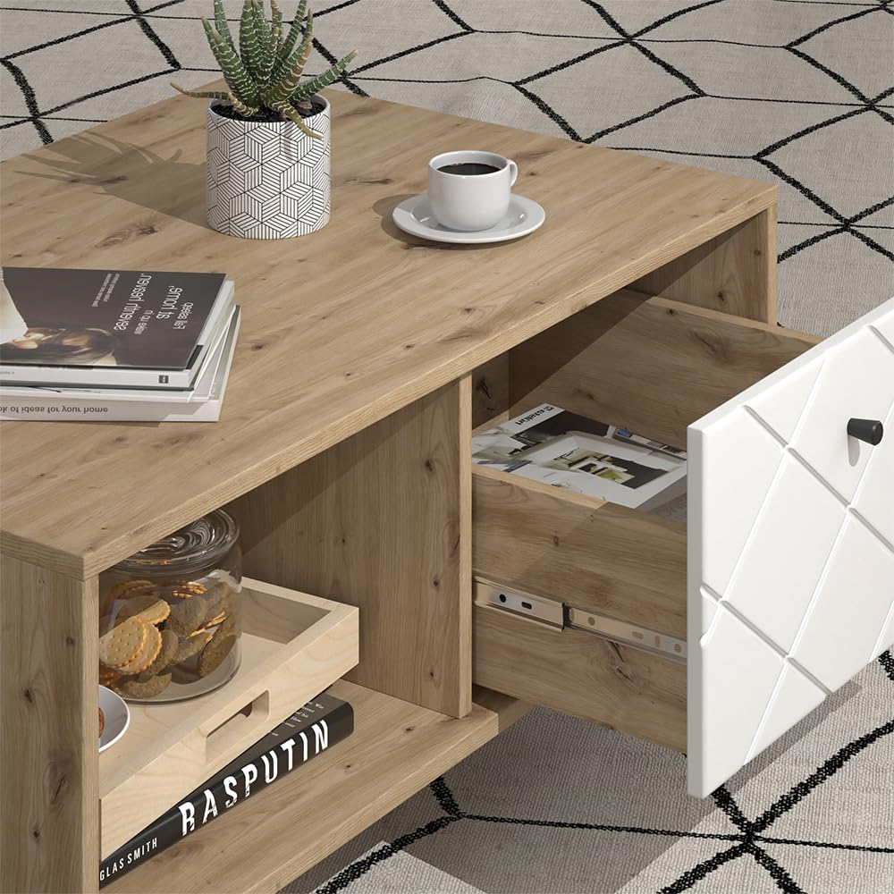 Vicco Mesa de Centro Nizza, Roble Artesanal, 90.2 x 59.4 cm | con compartimento abierto y cajón, para usar como superficie de apoyo junto a la cama