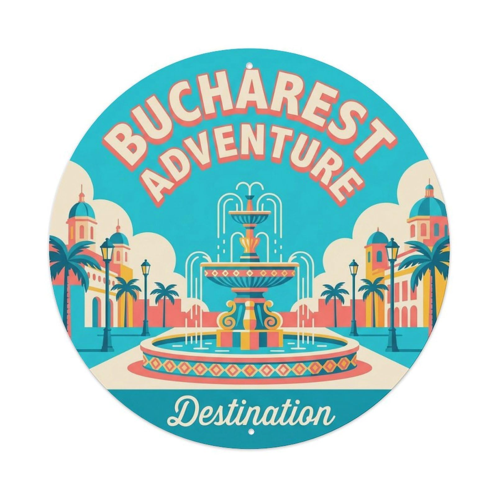 Okahys 8X8inch(20X20cm) Vintage Travel Bucharest Fountain Destination Metal Tin Sign