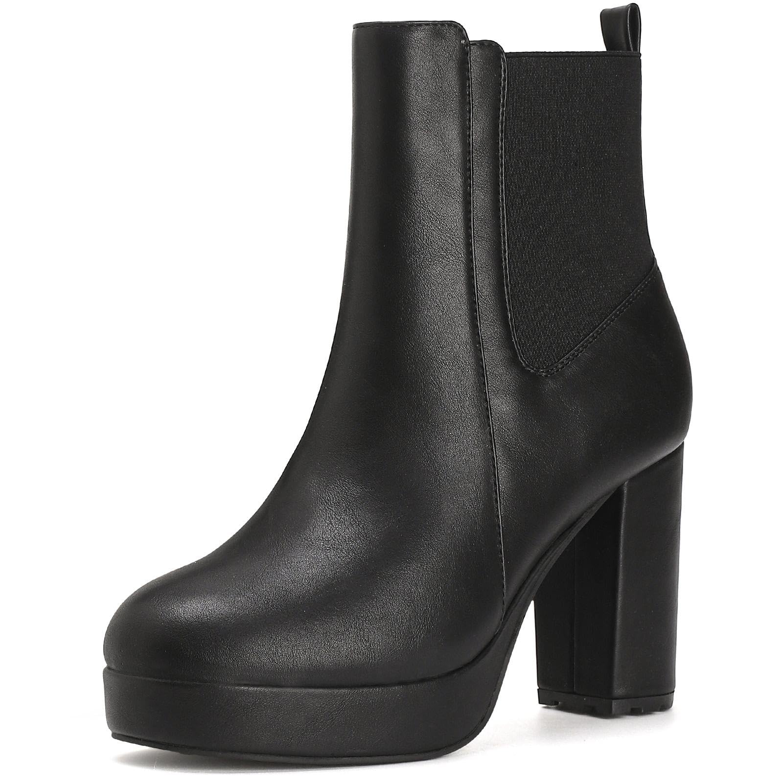 Putu Womens Chunky High Heel Ankle Boots Dressy Booties with Zipper Round Toe Platform Booties