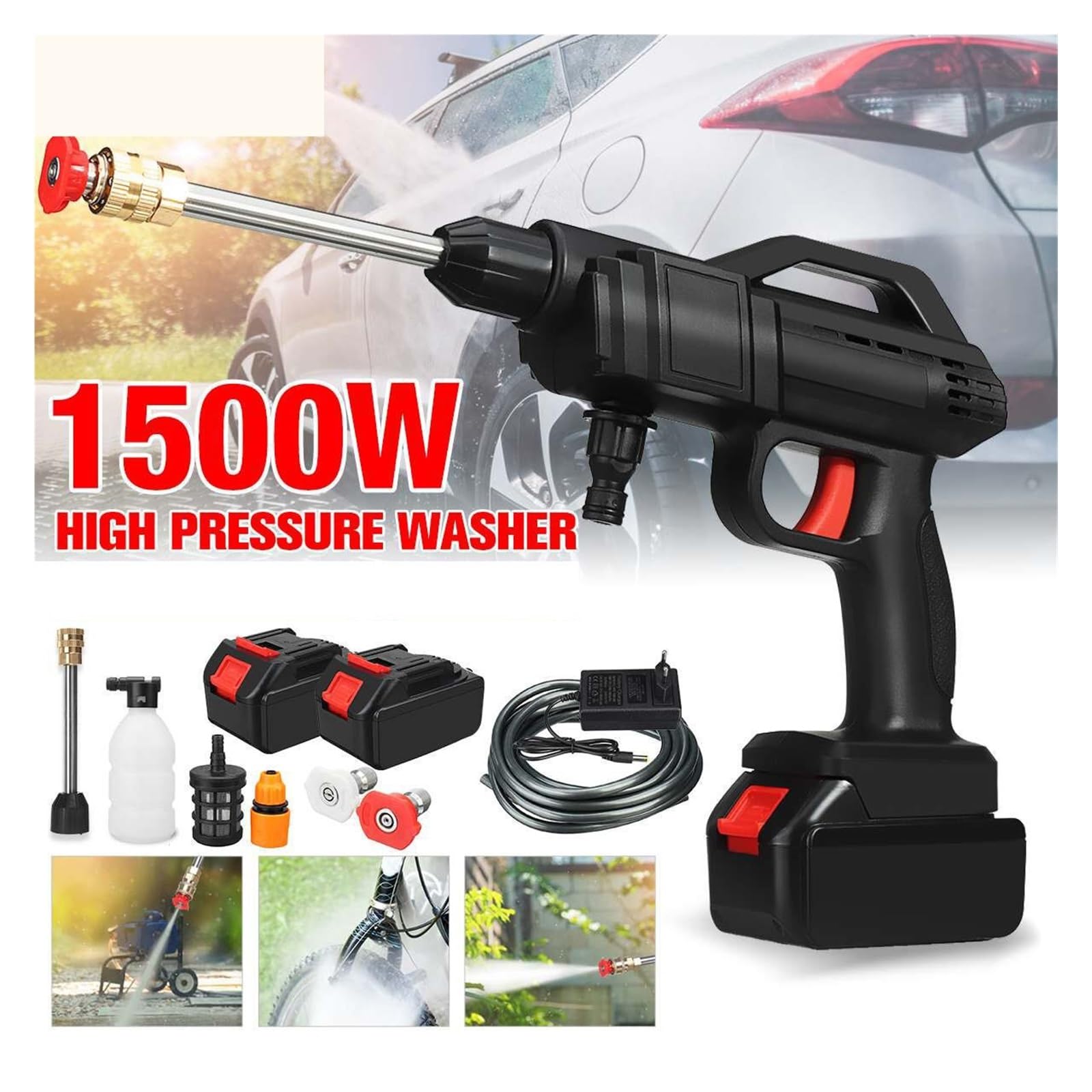 Pistola De Lavado Coches Alta Presión Inalámbrica 40/50Bar, Generador Espuma, Agua, Limpiador En Aerosol, Lavadora Potente Chorro A PresióN