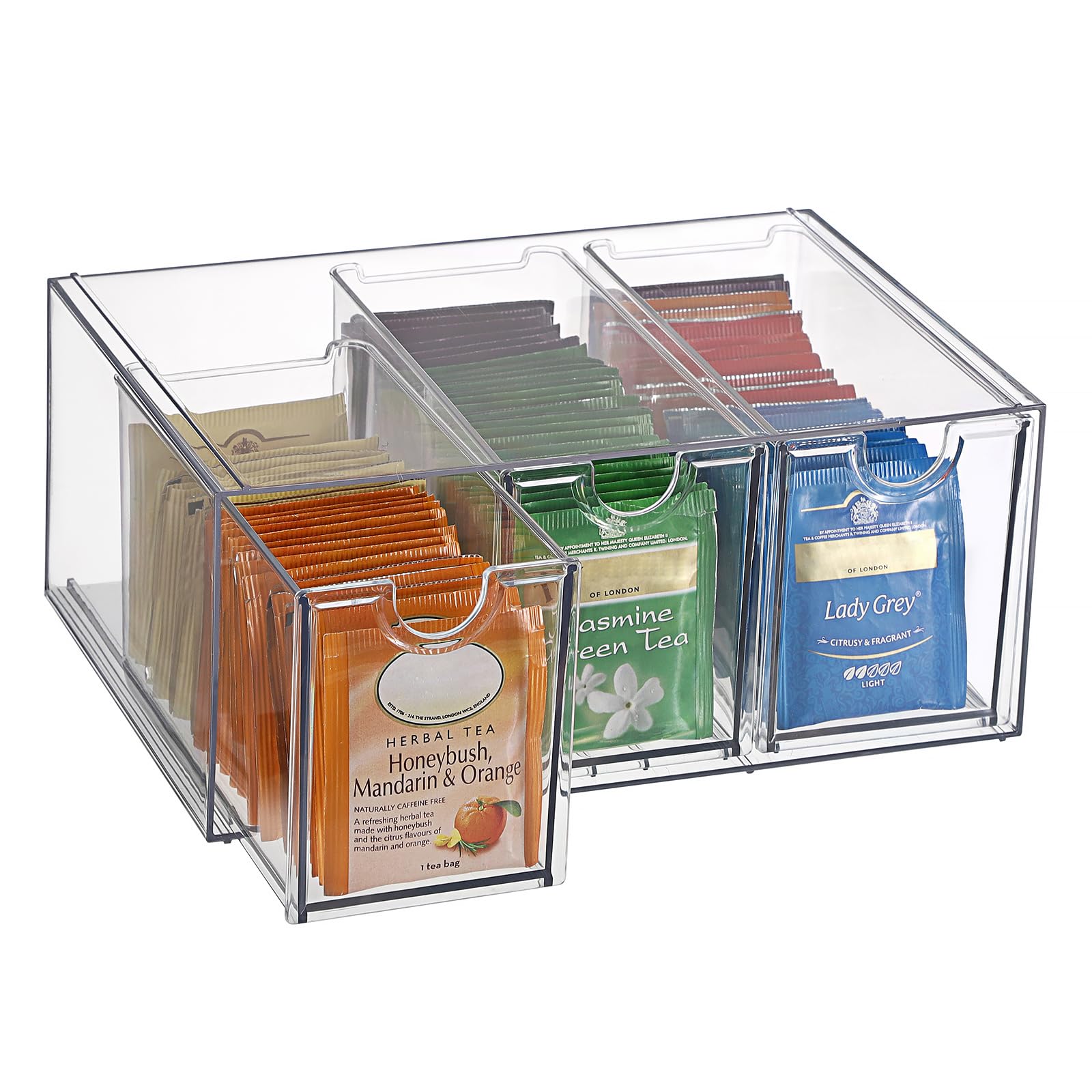 ELLDOO 3 Drawers Tea Bag Organizer Box, Clear Acrylic Stackable Tea Bag Storage Holder for Kitchen Pantry, Coffee Pod Snack Storage for Countertop Cabinet