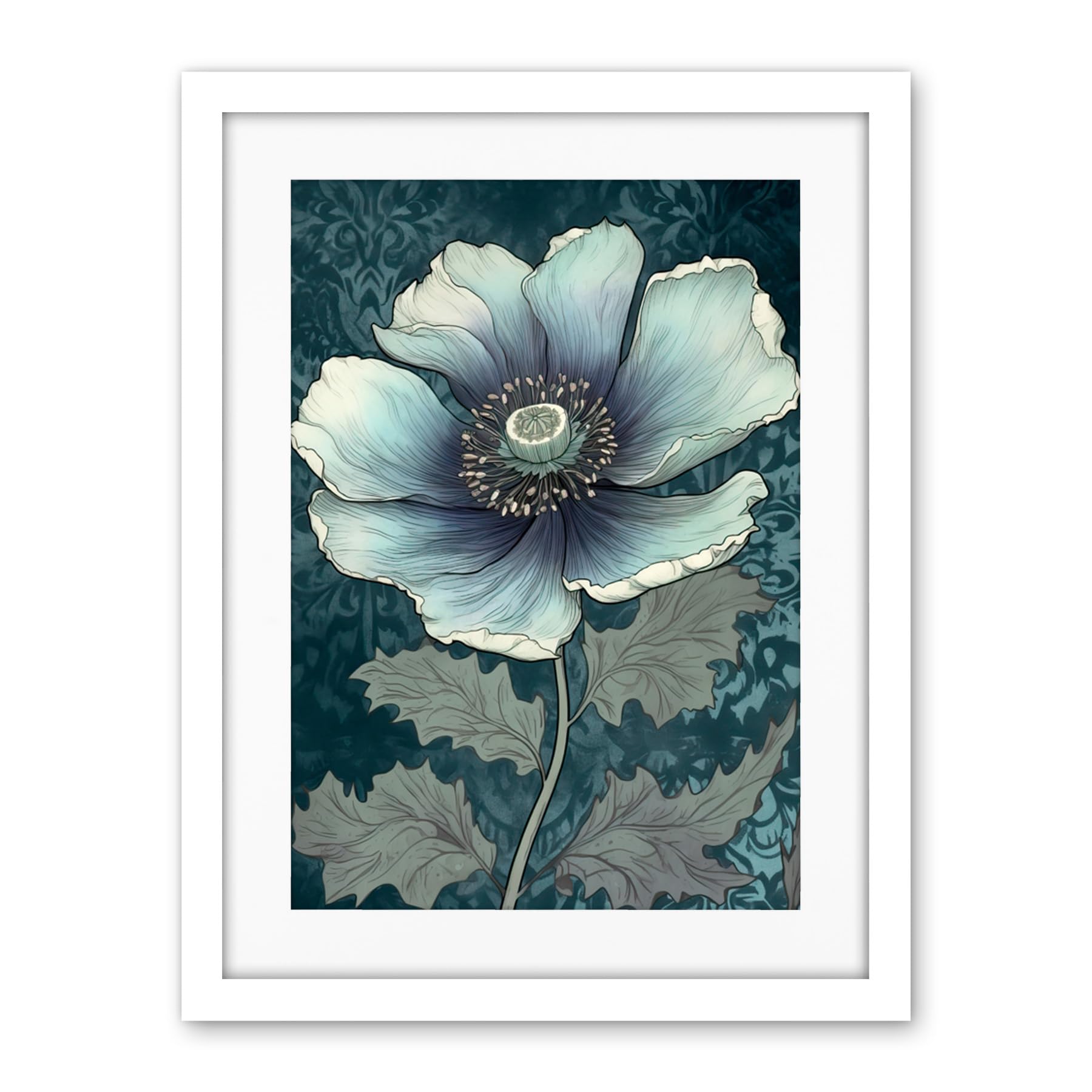 Artery8 Anemone Flower Bloom Teal Blue Watercolour Artwork Framed Wall Art Print 18X24 Inch