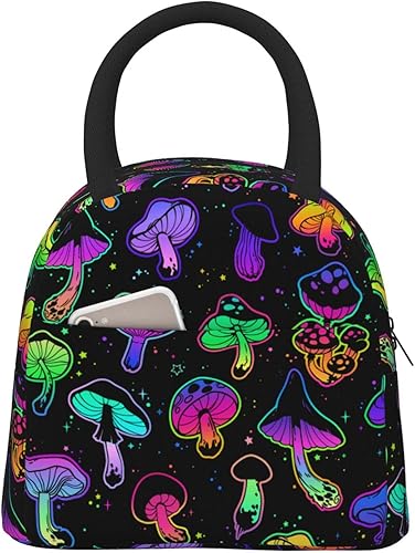 Fiambrera de hongos psicodélicos brillantes, reutilizable, aislada, impermeable, con cierre de cremallera de bolsillo, para mujeres, hombres,