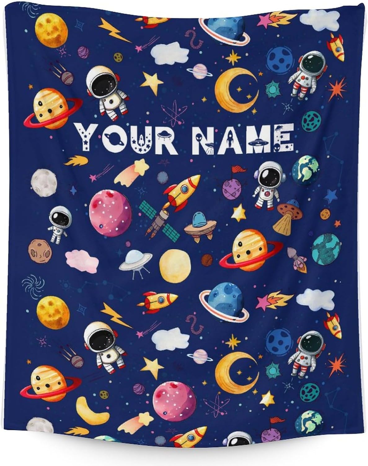 Personalized Planet Blanket for Boys with Name - 40 x 50 Inches Cute Print Stuff Blankets for Kids 8-12 - Blue Warm Soft Throw Decor for Sofa, Couch