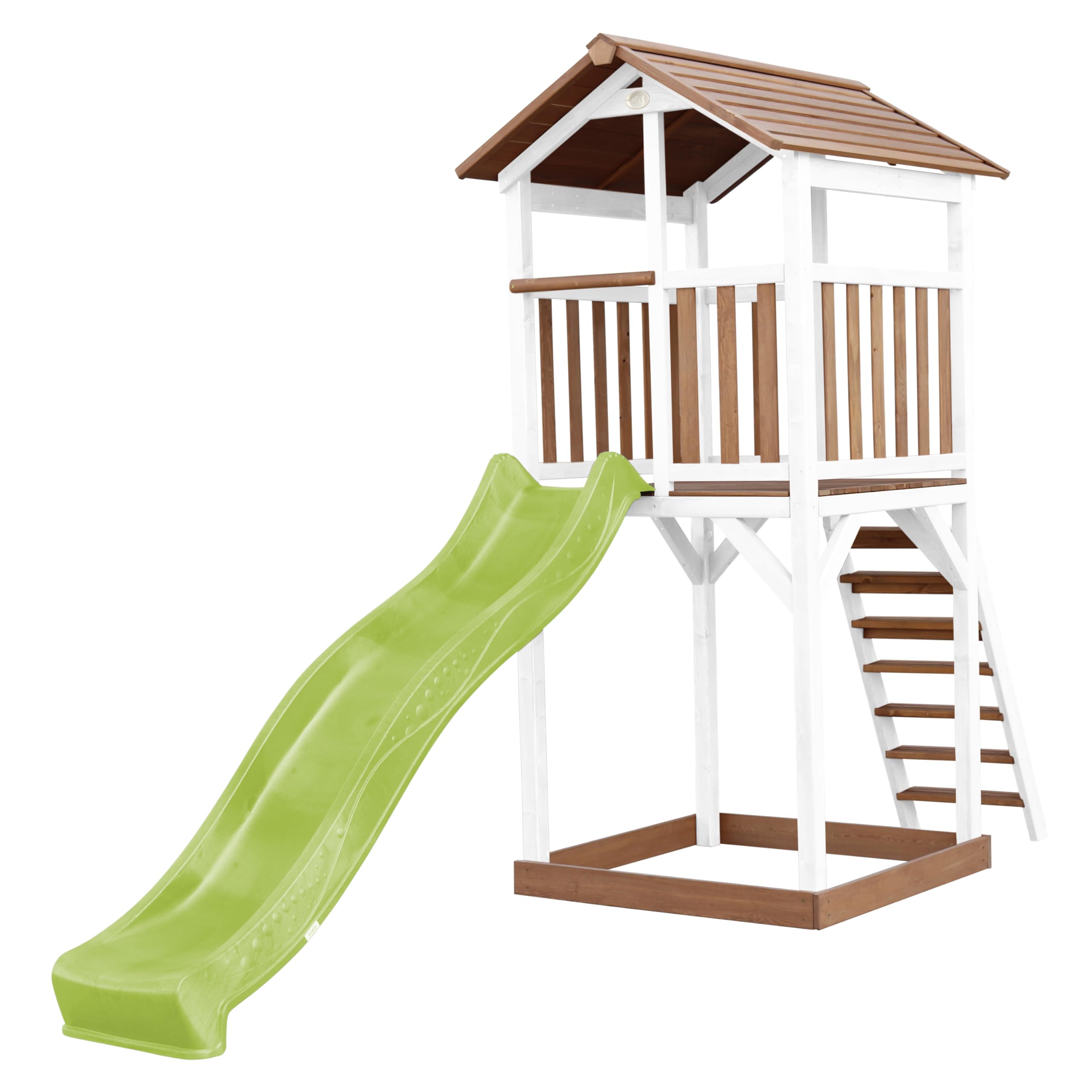 AXI Beach Tower Drewniana wieza do zabawy w kolorze brazowym i bialym | Wieza do zabawy z piaskownica i jasnozielona zjezdzalnia | Domek do zabawy na palach do ogrodu