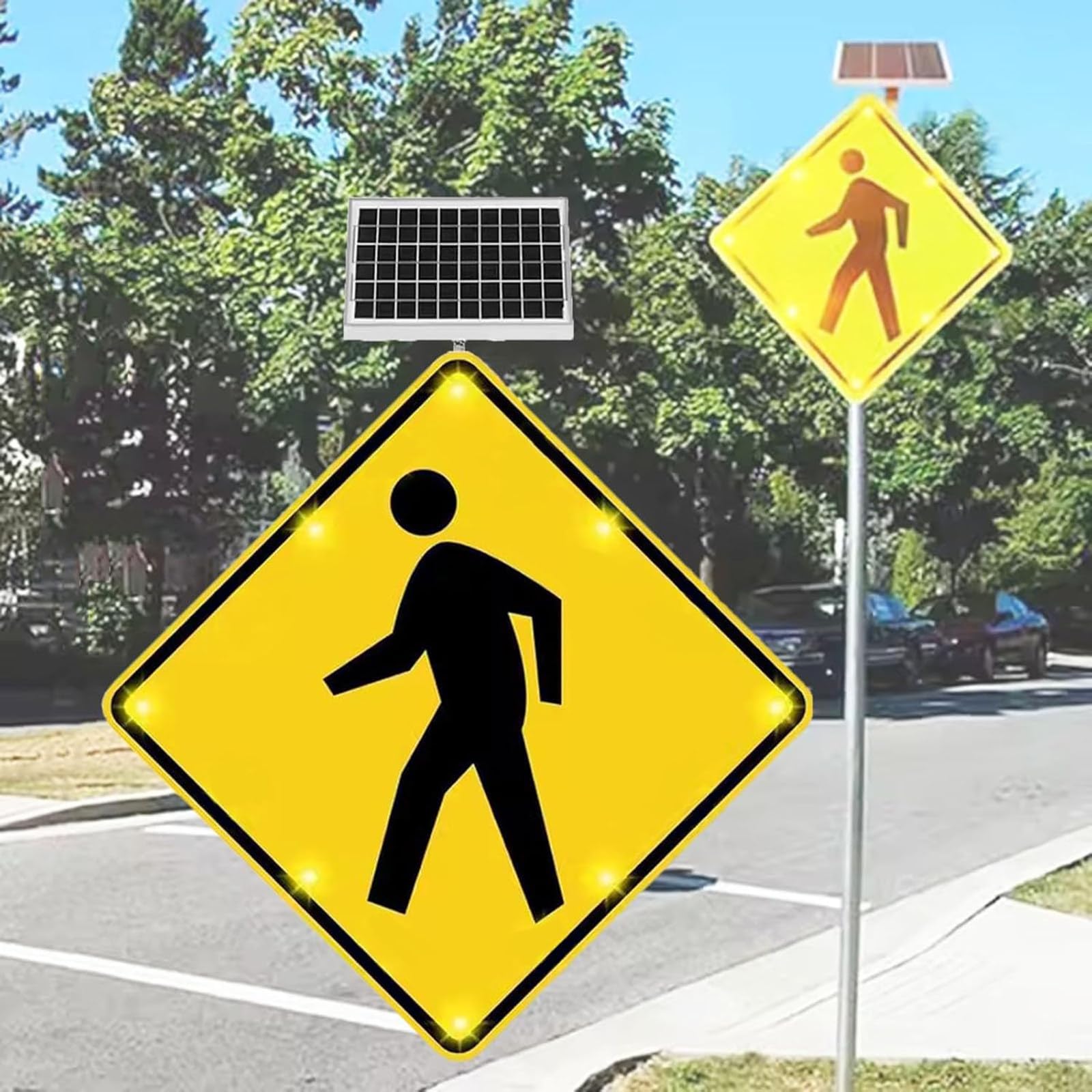 Señal LED de cruce de peatones con energía solar, señal de advertencia de tráfico de aluminio de 61 cm, material reflectante de grado de ingeniería para una mayor visibilidad
