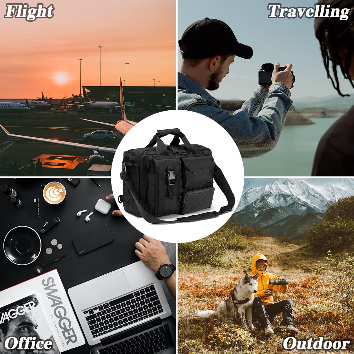 BAGZY Bolso Hombre Ordenador Portátil Antirrobo Maletín Portátil 14/15.6 Pulgadas Impermeable Militar Táctica Portadocumentos Hombre Bolsa para Negocios Trabajo Viajes y Maestro Noir