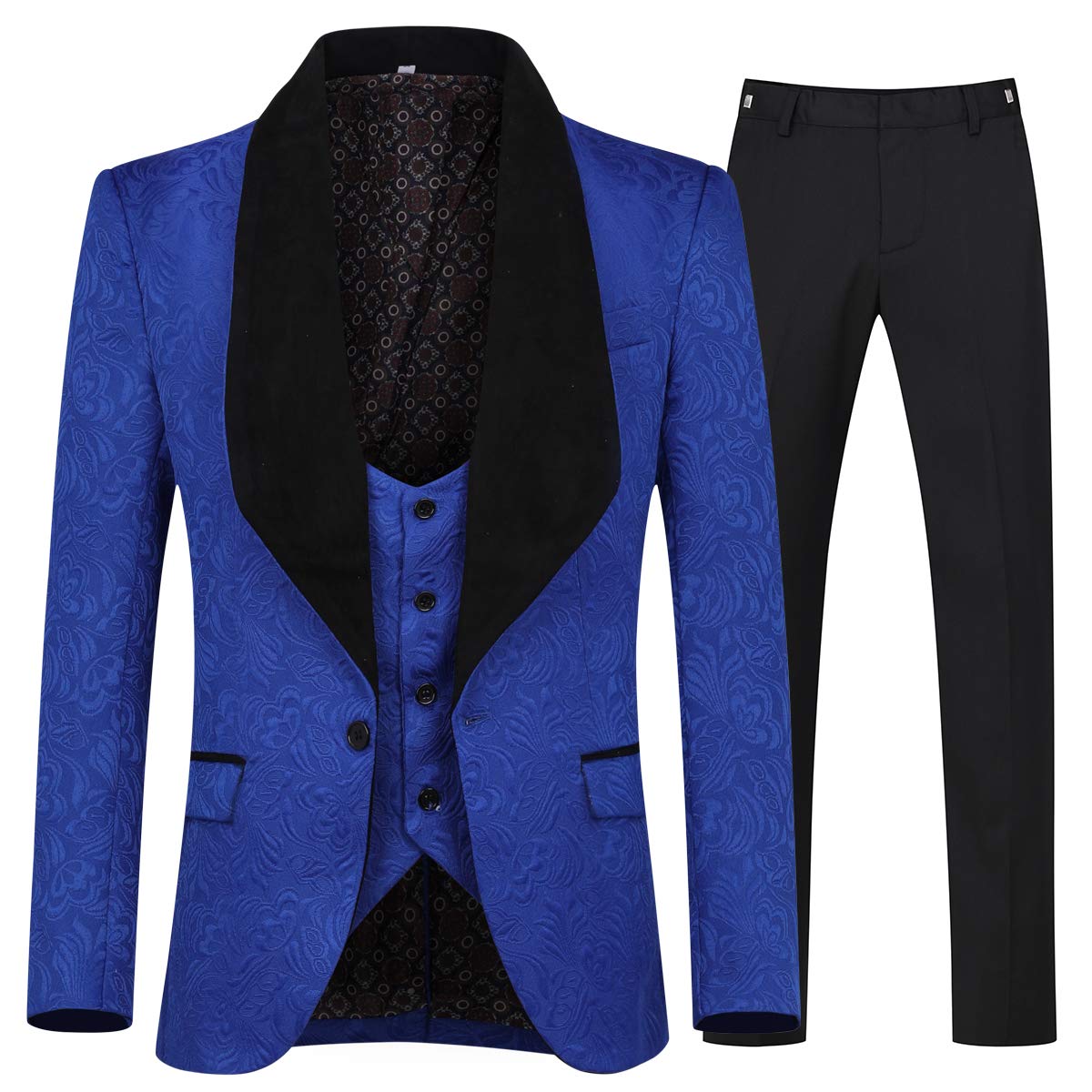 YFFUSHIMen's 3 Piece Suit Slim Fit Jacquard Tuxedo One Button Shawl Collar Jacket Vest & Trousers