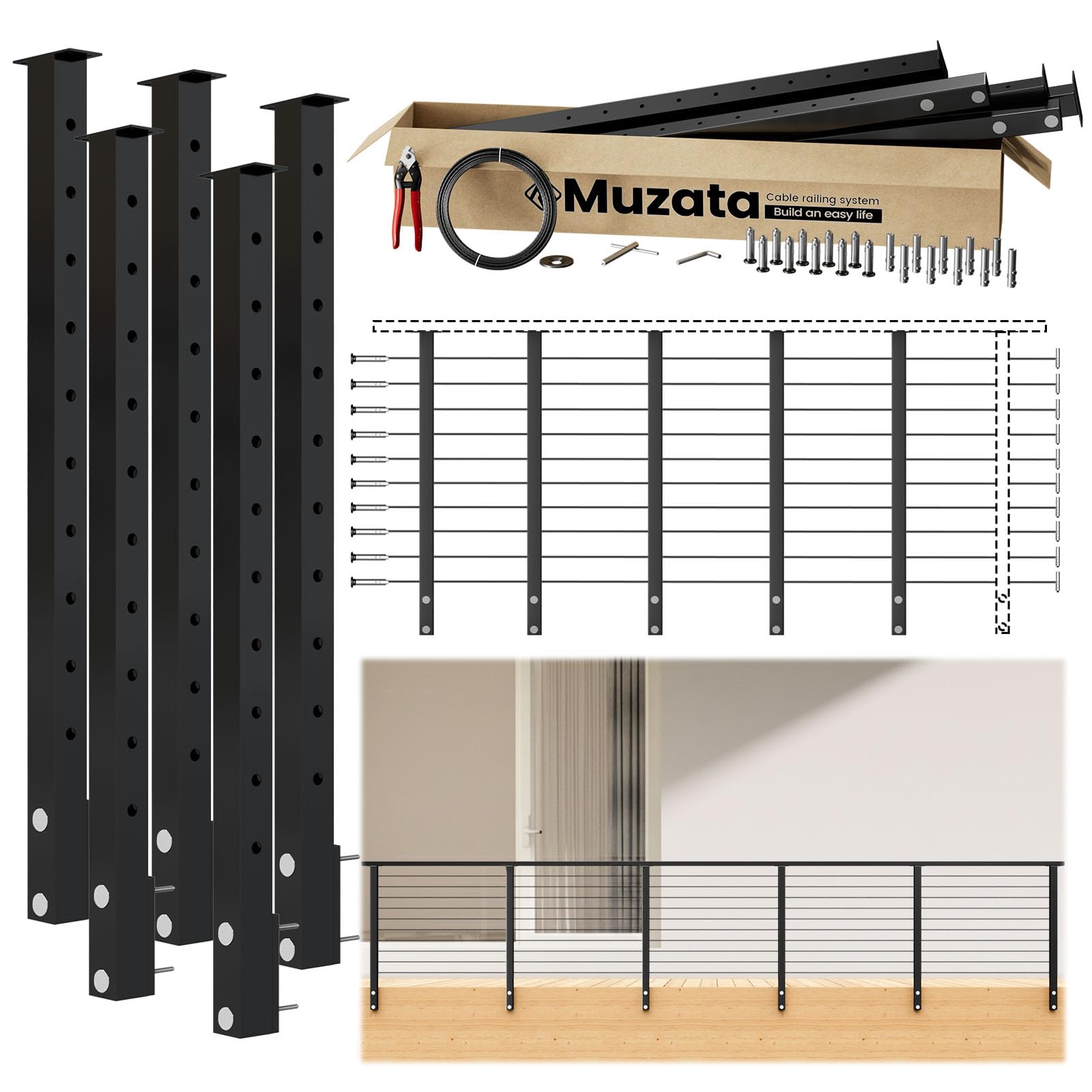 Photo 1 of Muzata 16-20ft Side Mount Modular Cable Railing Kit for Decks 36 Inch RW21
