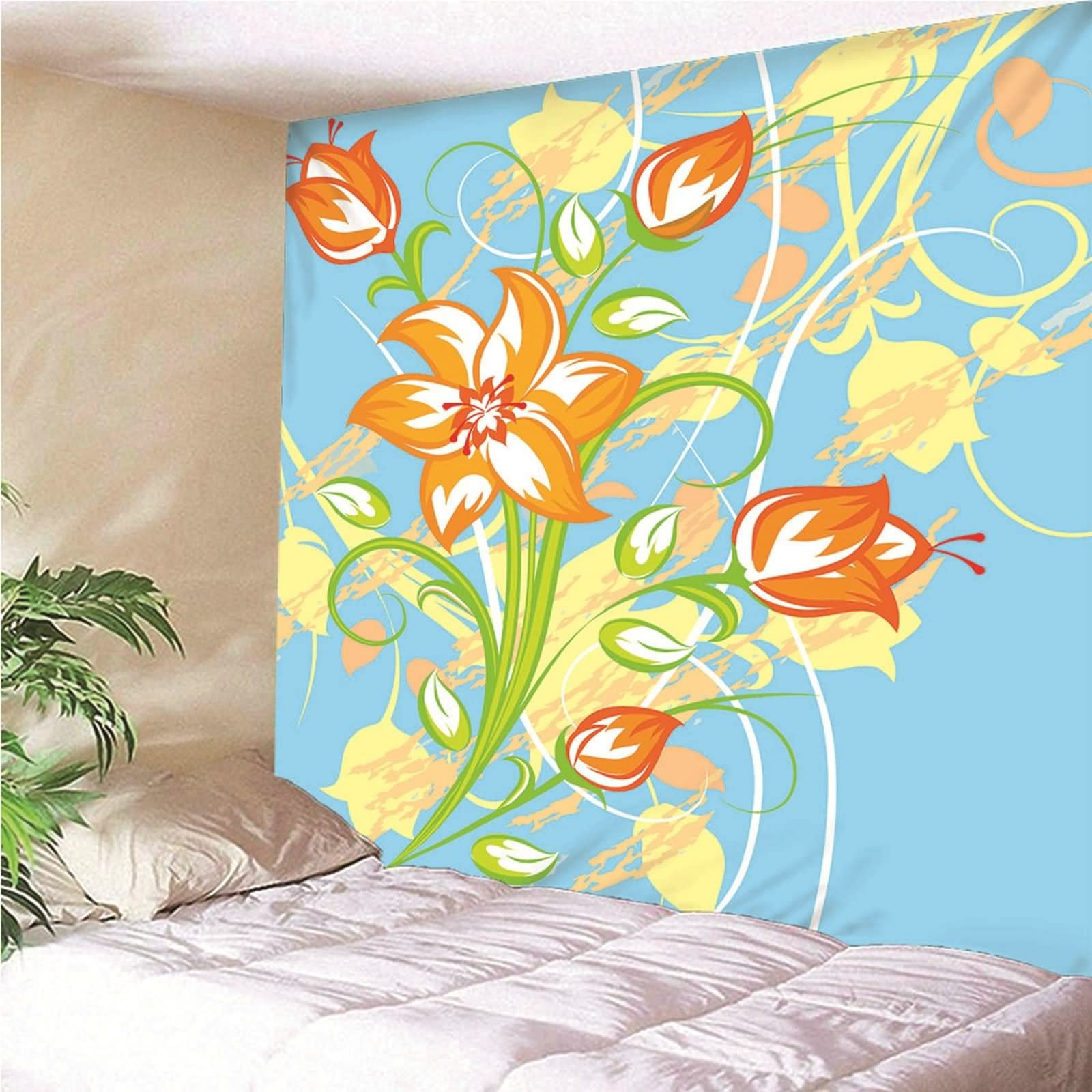 Tapiz Suelo, Decoración Pared Exterior Patrón de Flor de Flor de Tema Floral Poliéster Azul 210x140CM